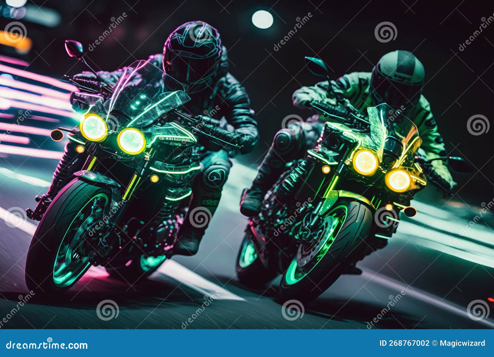 Wallpaper #3mf565IBSpphPi3-3E9y204 Racing Cyberpunk Motorcycles Down a Road Stock Illustration