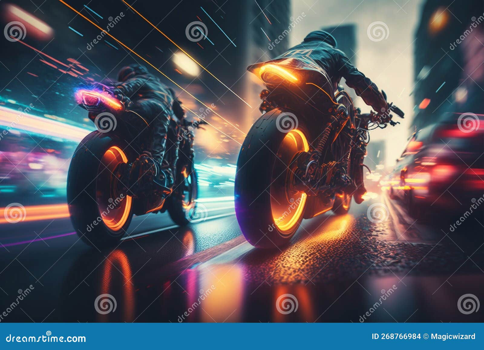 Wallpaper #3mf565IBSpphPi3-3E9y193 Racing Cyberpunk Motorcycles Down a Road in a City Stock Illustration