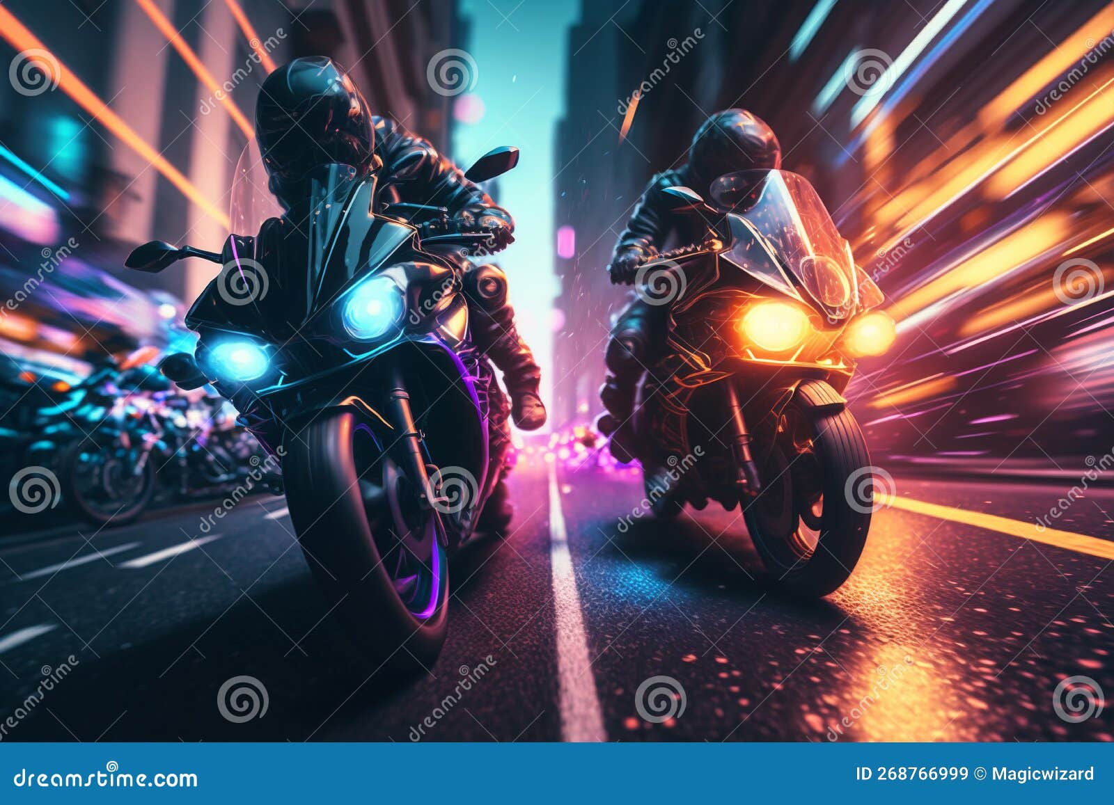 Wallpaper #3mf565IBSpphPi3-3E9y241 Racing Cyberpunk Motorcycles Down a Road in a City Stock Illustration