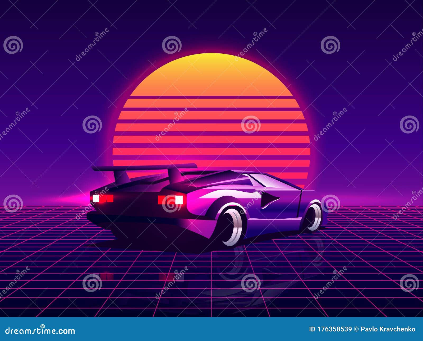 Wallpaper #rTtTcJcBSWmA-tzpvo8B51 Retro Futuristic Back Side View 80s Supercar on Trendy Synthwave