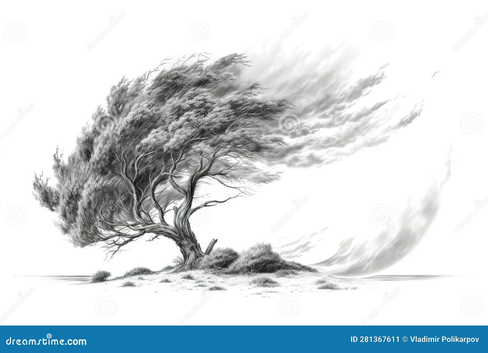 Wallpaper #BWgvFZMBSpphPi3-Zwec169 Drawing Tree in Strong Wind Isolated on White Background AI Generated