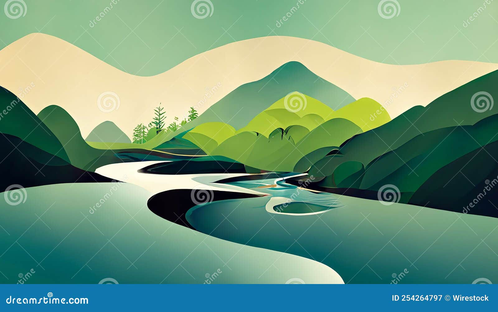 Wallpaper #lGcDC5MBSpphPi3-T9ct382 Digital Simple Abstract Illustration of a Beautiful Green River Forest