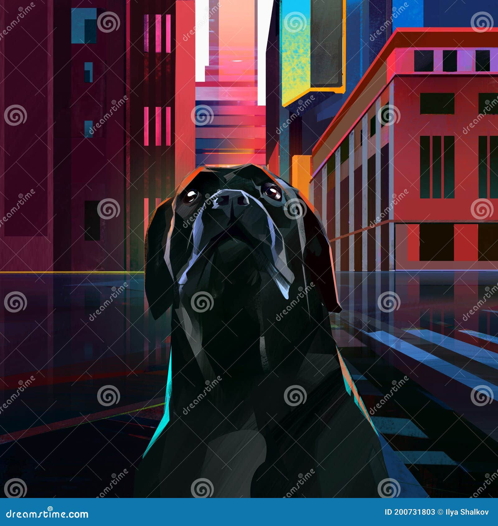 Wallpaper #rs7EJJMB71dOy6JZoBGk58 Drawn Bright City in Cyberpunk Style with Dog Stock Image Image of