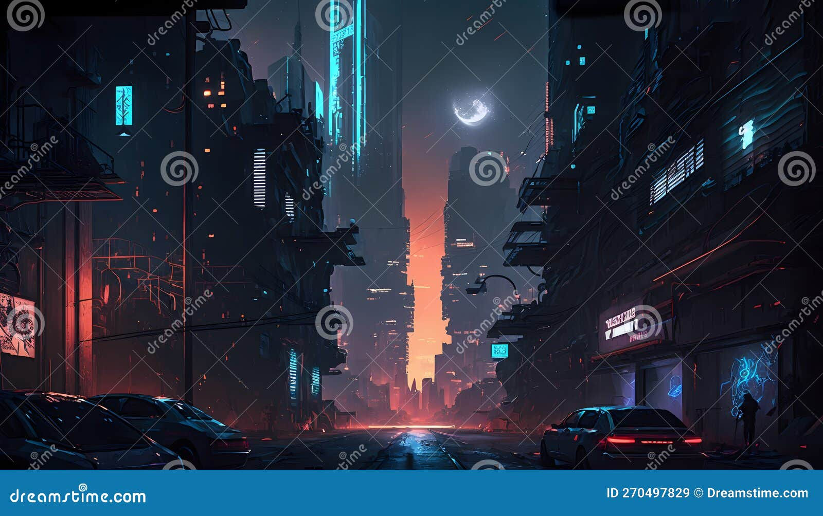 Wallpaper #4Wf665IBSpphPi3-Uk_6214 Cyberpunk Cityscape with Neon Lights and a Crescent Moon