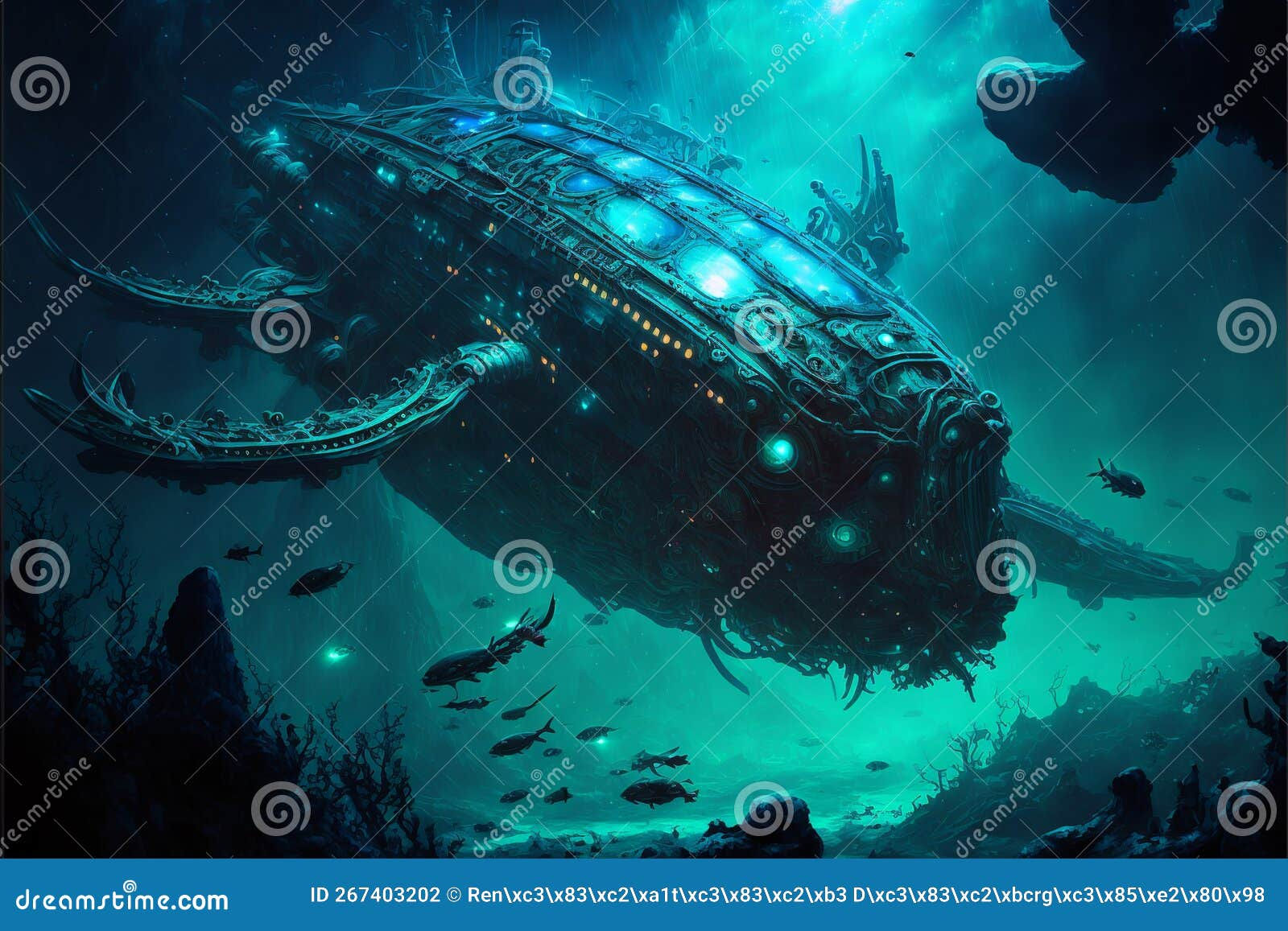 Wallpaper #6WgjJJMBSpphPi3-6Te2168 Deep Sea Aquatic Sci Fi Submarine in Underwater Scenery Aquatic