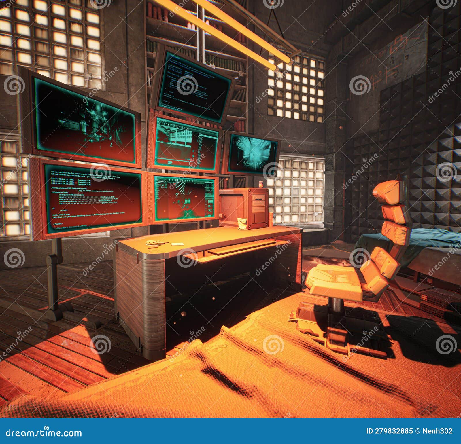 Wallpaper #EWc7-pIBSpphPi3-H5AG55 A 3D Rendered Interior Scene of a Cyberpunk Apartment Stock