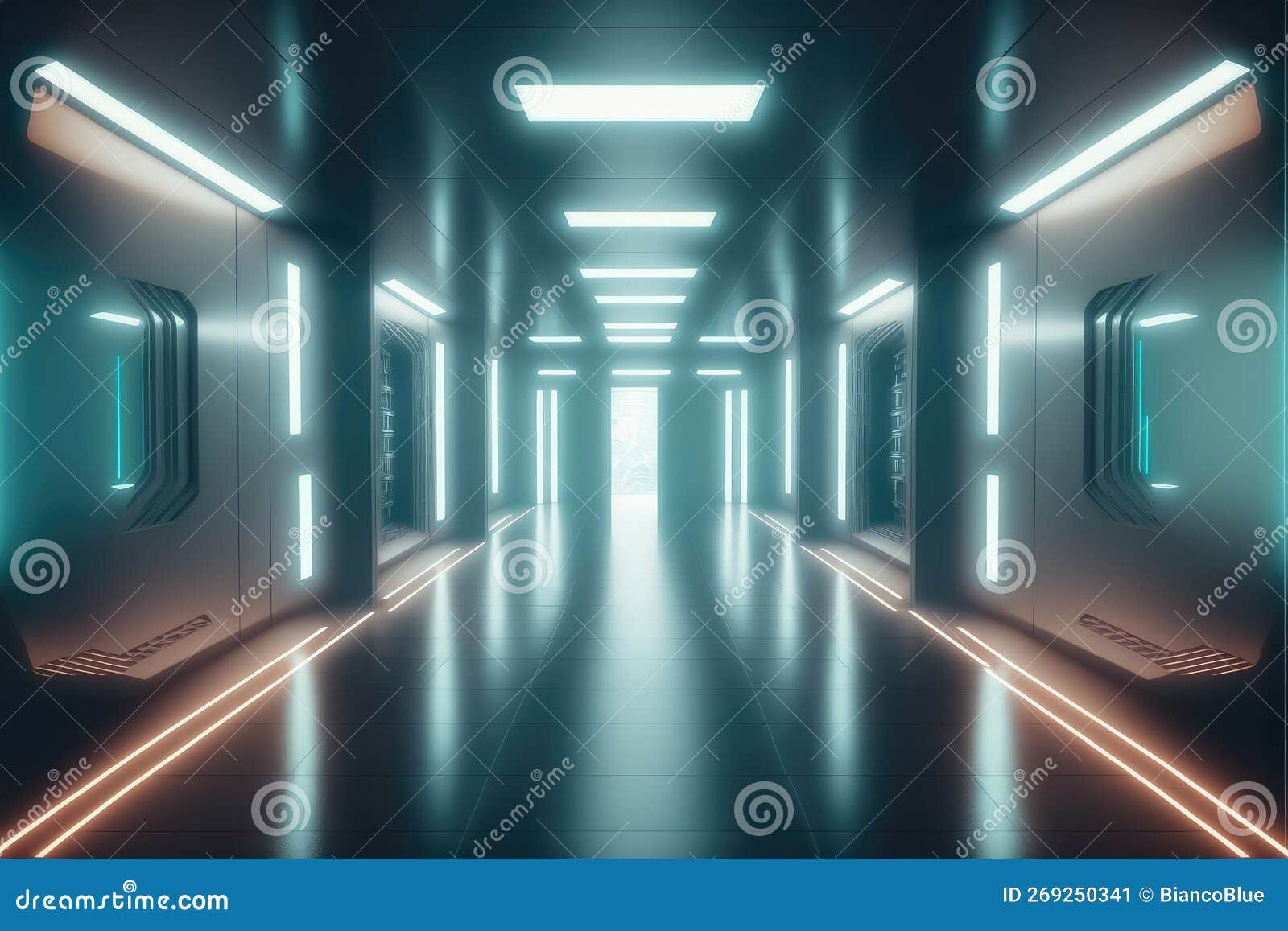 Wallpaper #JWeN-JIBSpphPi3-Nooi244 Empty Sci Fi Futuristic Room of Spaceship with Blue Light Decoration