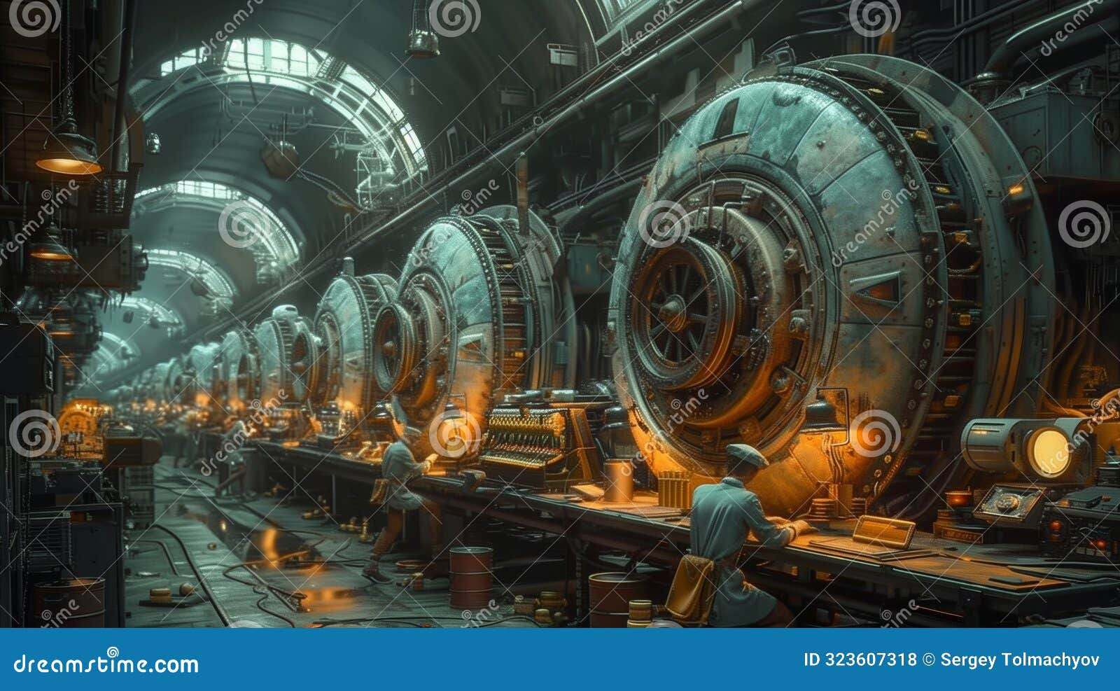 Wallpaper #NWcH9pIBSpphPi3-kYJt36 Workers Maintain Large Glowing Engines in Industrial Tunnel Stock
