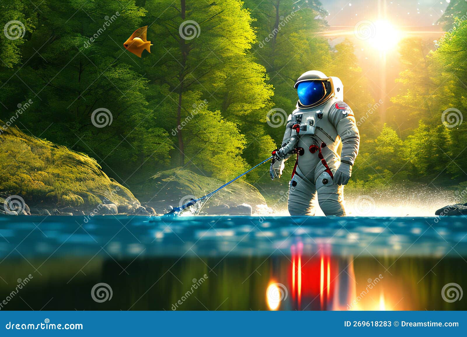 Wallpaper #e2eE_JIBSpphPi3-ZZiW312 Astronaut in a Space Suit Enjoying Fishing in a Pond Stock Illustration