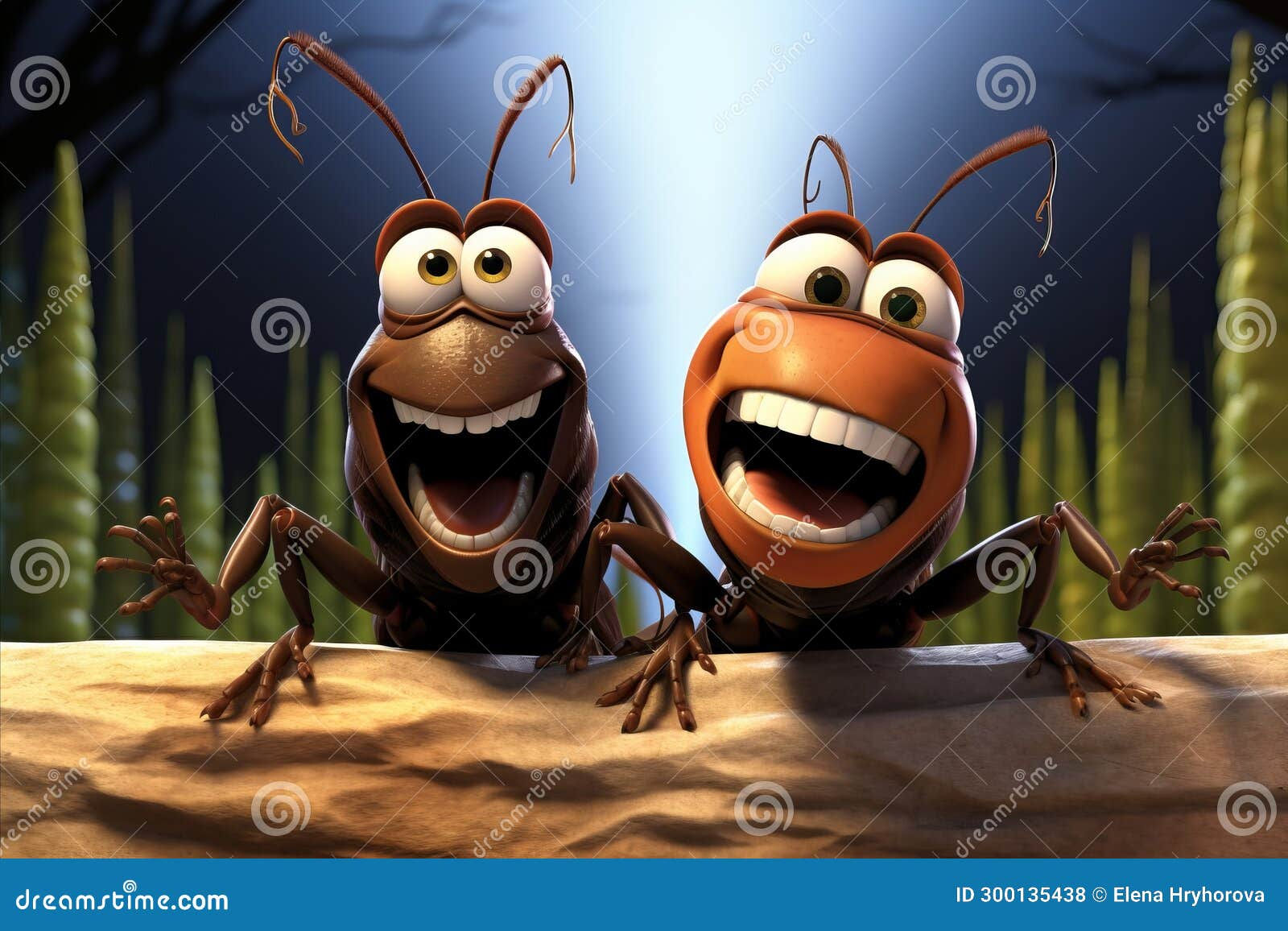 Wallpaper #SWdXCpMBSpphPi3-q9Qk162 Two Cartoon Cockroaches Laughing Together on a Wooden Surface Stock