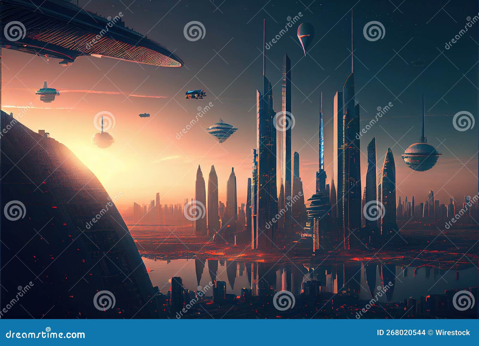 Wallpaper #n0JmPZMBOBpx0NhmrsSo197 AI Generated Illustration of a Futuristic City Skyline During a Sunset
