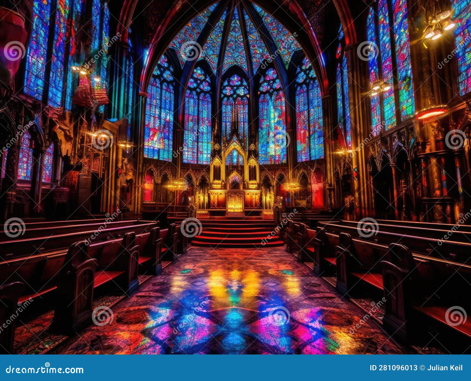 Wallpaper #PPtihJcBx-Hc5Y204K-u169 Gothic Cyberpunk Cathedral with Neon Accents Stock Illustration