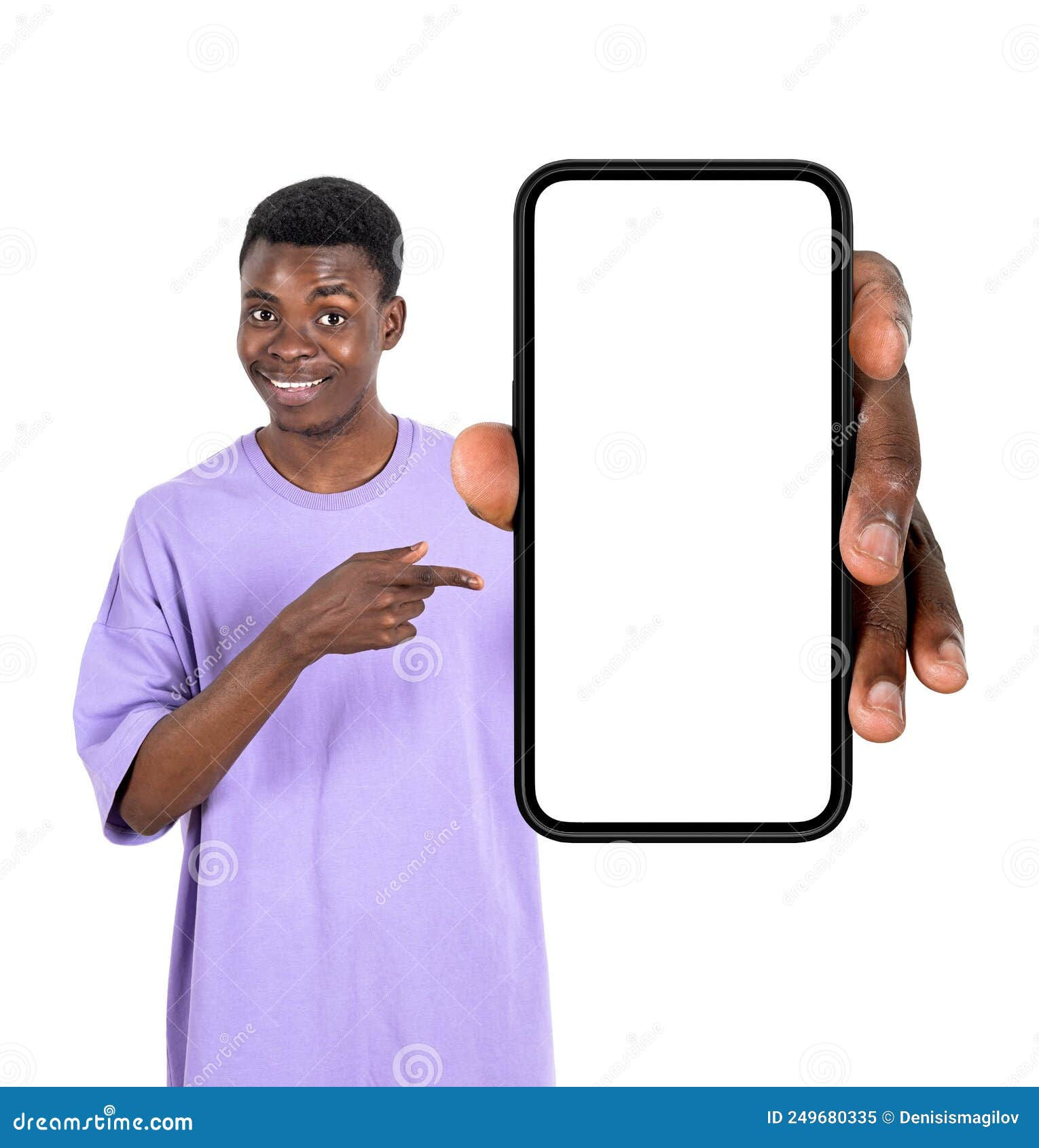 Wallpaper #IWf6_JIBSpphPi3-lZoB242 African Man Pointing at Phone Mockup Display Isolated Over Whit Stock