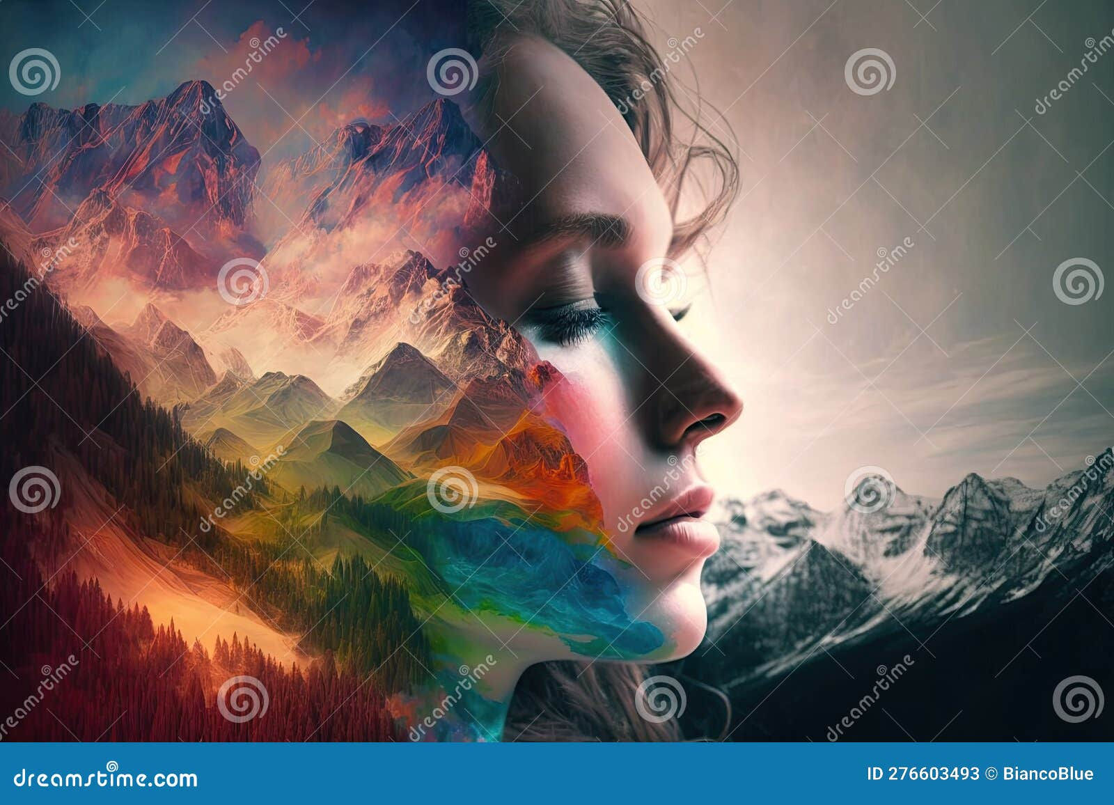 Wallpaper #d2c4EZMBSpphPi3-OPZ1331 Abstract Art of Rainbow Color in Forest and Facial Woman with Double