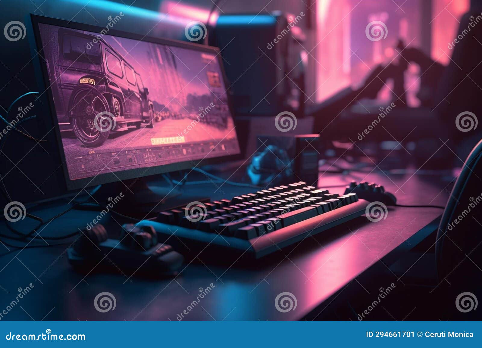 Wallpaper #I6WROJMBVBiSkHCaw440128 Cyberpunk Desktop with Keyboard and Mouse Stock Illustration