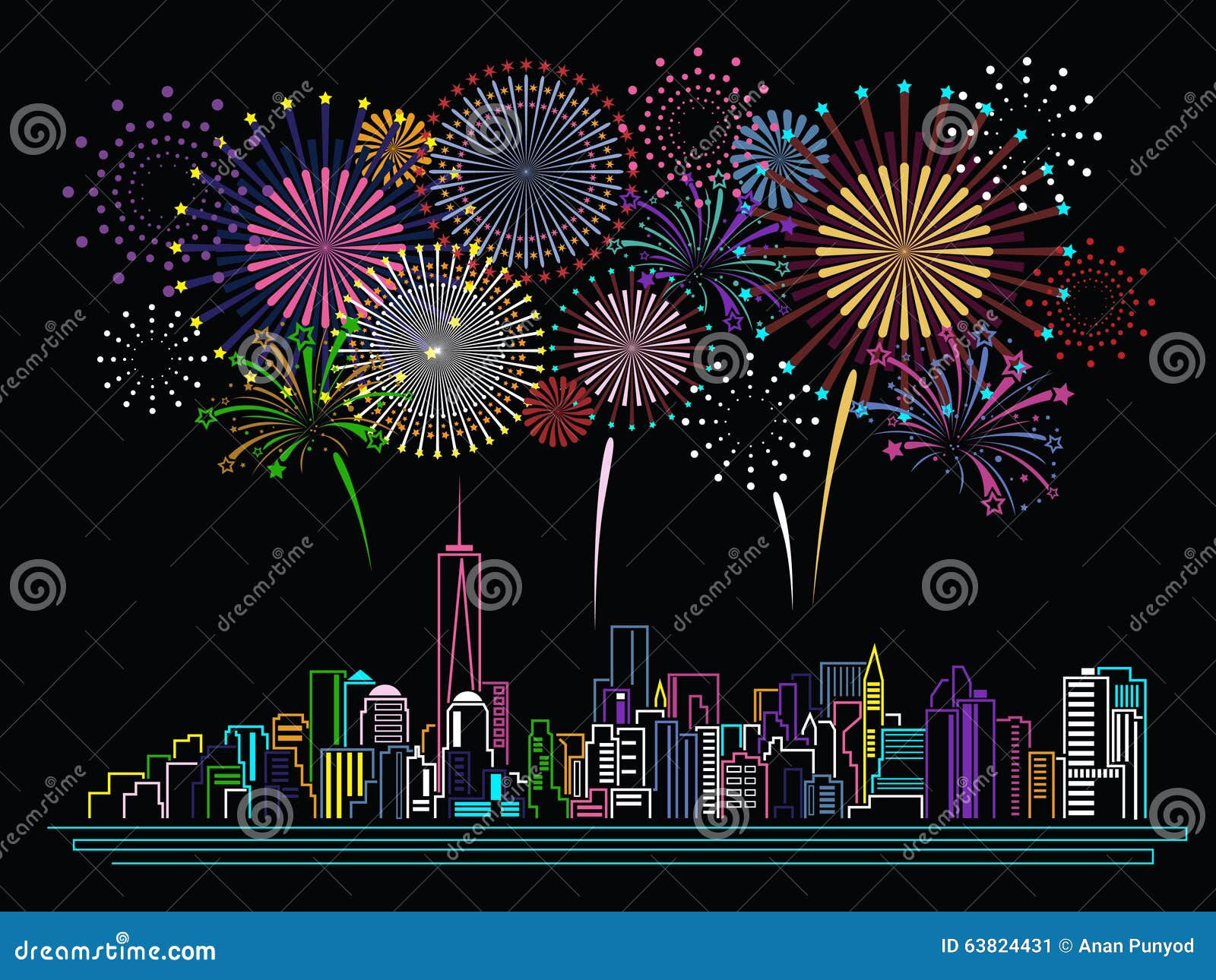 Wallpaper #dmfr65IBSpphPi3-5U-B258 Cityscape Building Line Art and Firework Vector Design Stock Vector