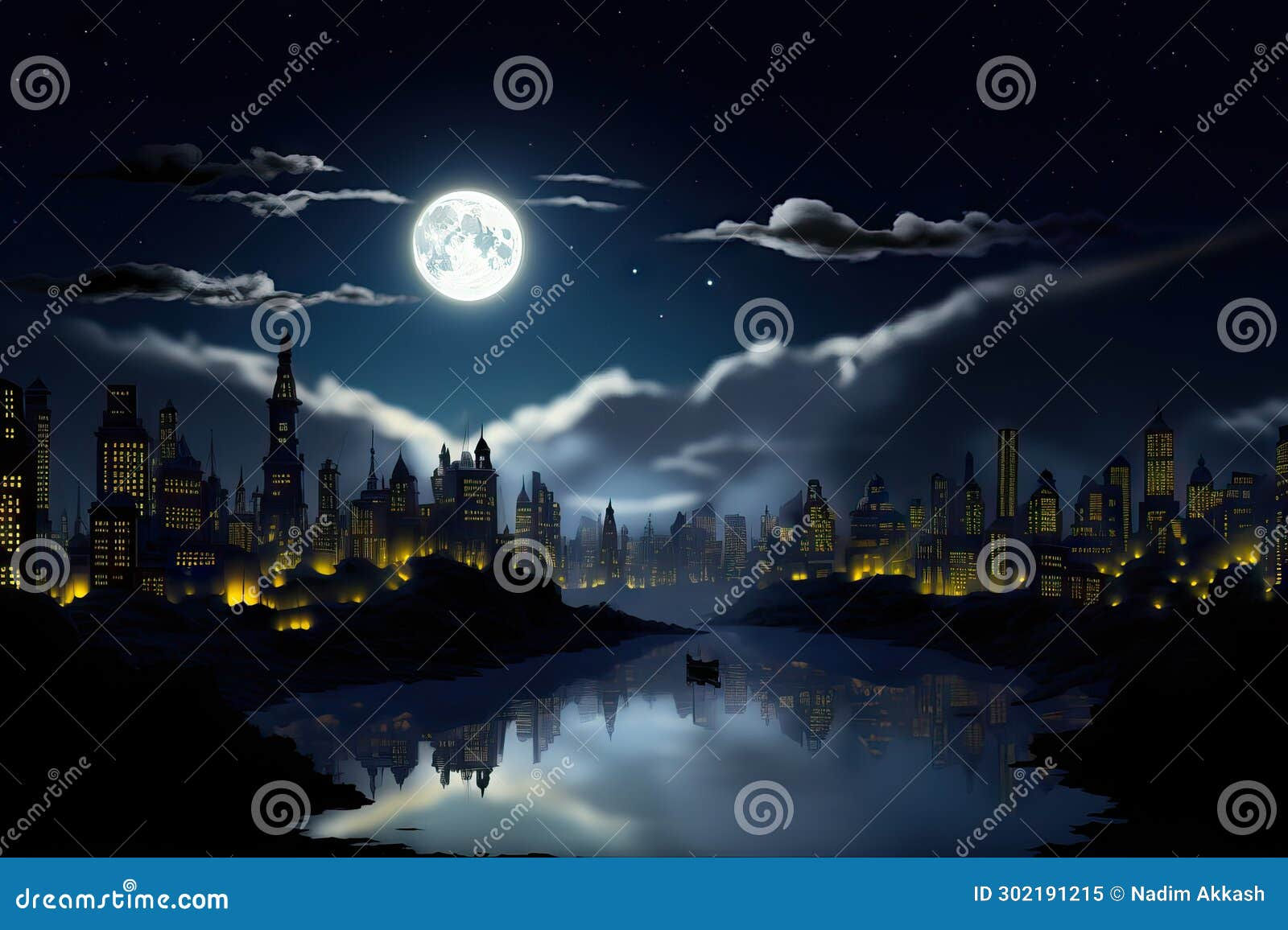 Wallpaper #fT9ZPJMBLiIJ4c9O-pFG160 Cartoon City at Night with Spotlight or Bat Signal Stock Illustration