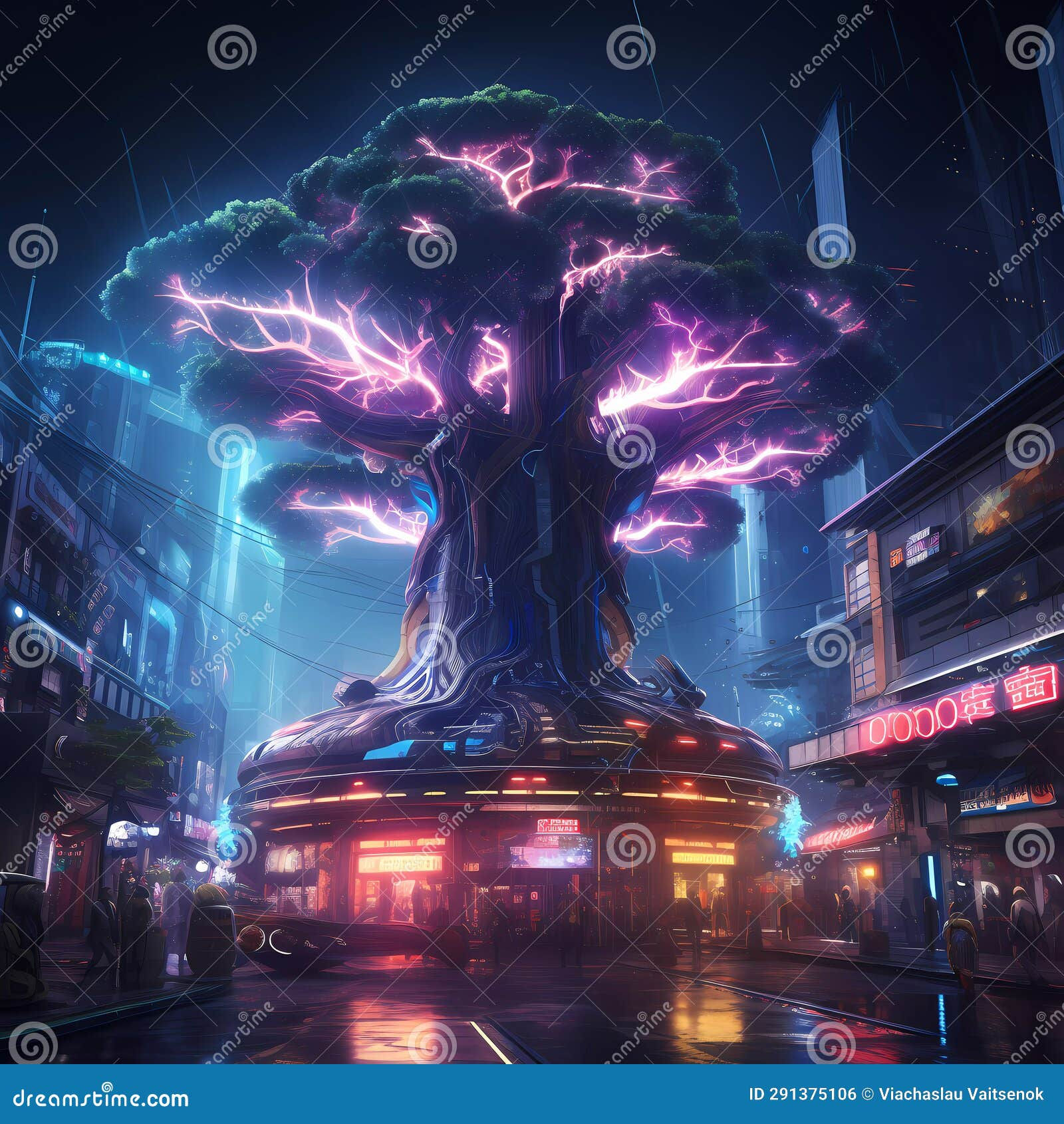 Wallpaper #jWdLE5MBSpphPi3-Rv-o91 Cyberpunk Retro Futuristic Tree with Neon Lights Stock Photo Image of