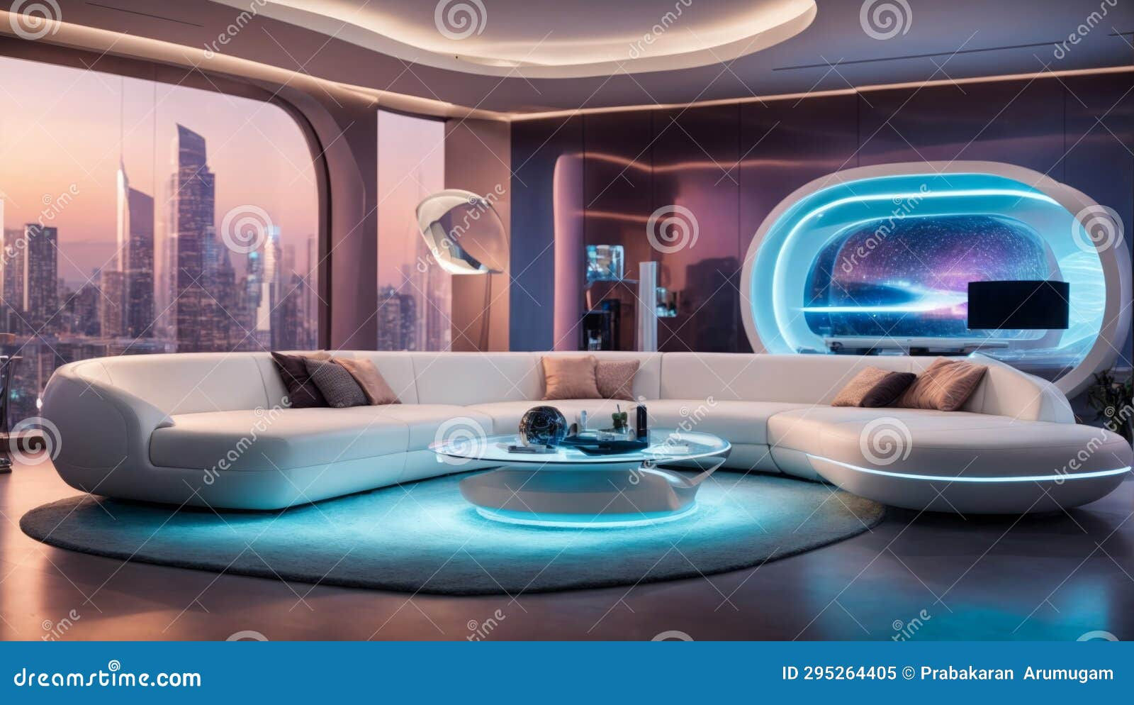 Wallpaper #EWc7-pIBSpphPi3-H5AG22 Cyberpunk Living Room with Large White Couch and Round Table AI