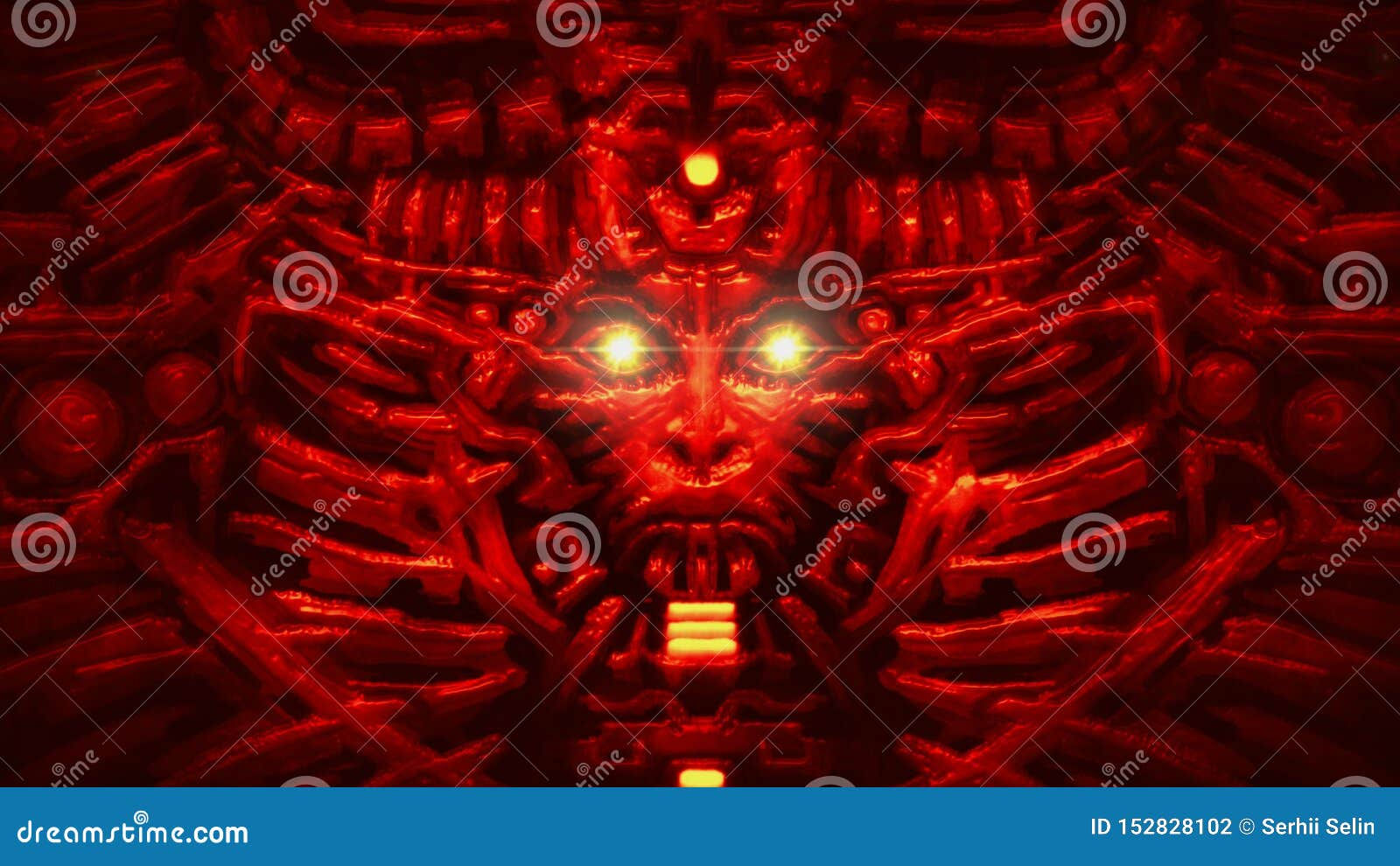 Wallpaper #gRlNMo8BtGB6xQ78wJc342 Cyber Wall with Robot Head Bas Relief in Form of Woman Face Red Color