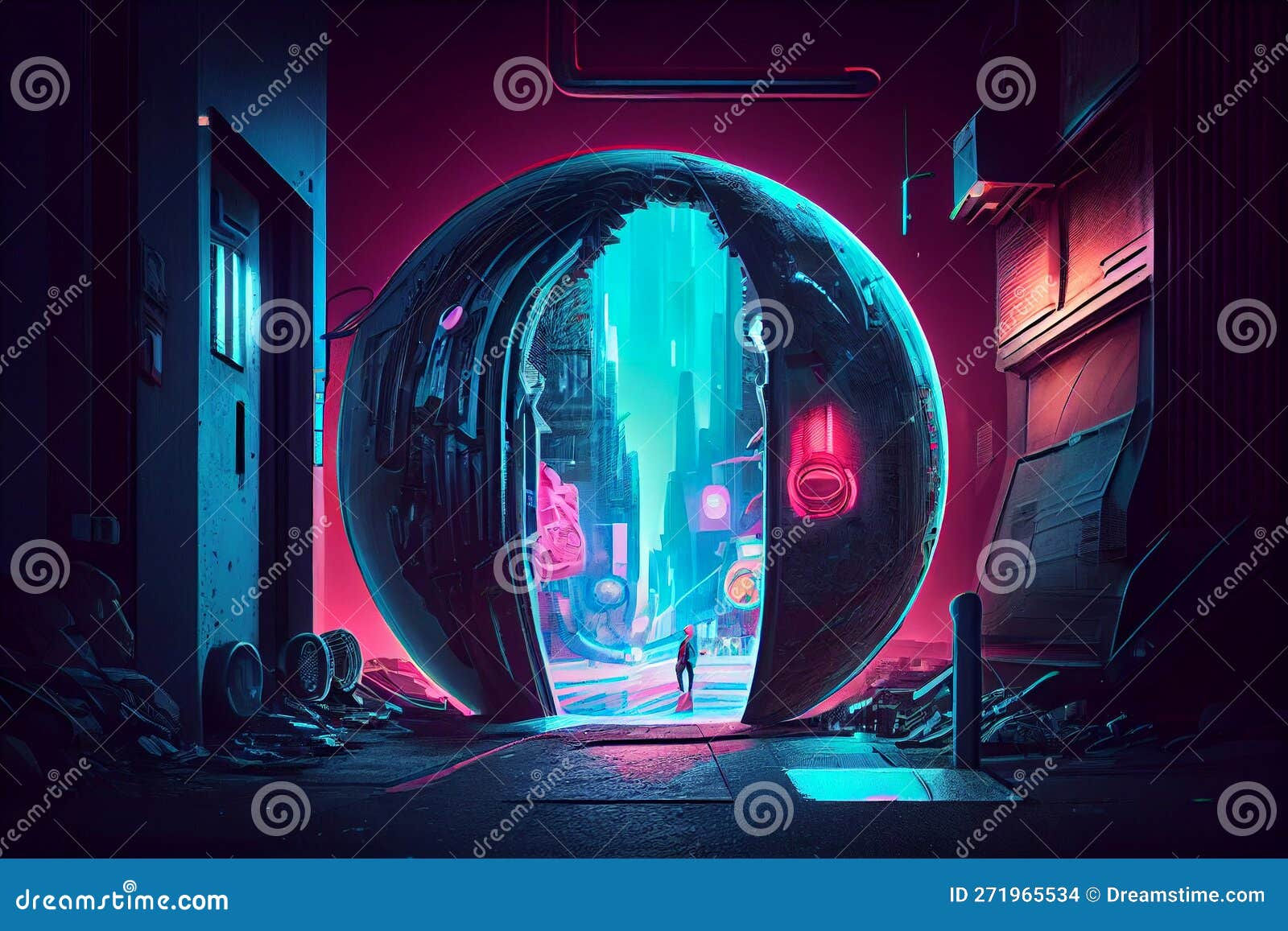 Wallpaper #aWjcHZMBSpphPi3-Yicj197 Cyberpunk Cityscape View in Spherical Doorway at the End of the Street