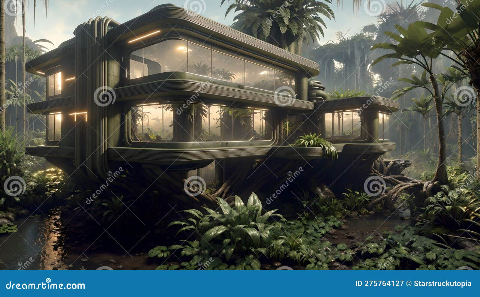 Wallpaper #FnSKwY4B_8f4nGFaRW6020 Cyberpunk House in the Jungle by the Swamp Stock Illustration
