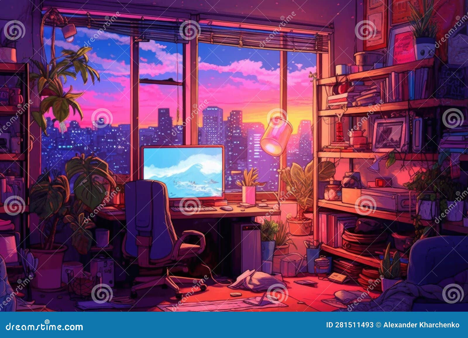 Wallpaper #MWcjC5MBSpphPi3-X9jd13 Cartoon Home Room Personal Workspace with Computer Table and Chair by