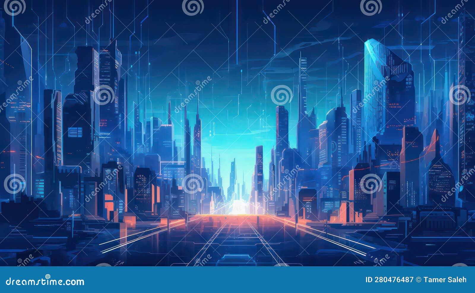 Wallpaper #m9daMpMB4Oq-IITvTzZ2272 Cyberpunk City Art Blue Desktop Background Wallpaper Stock Illustration