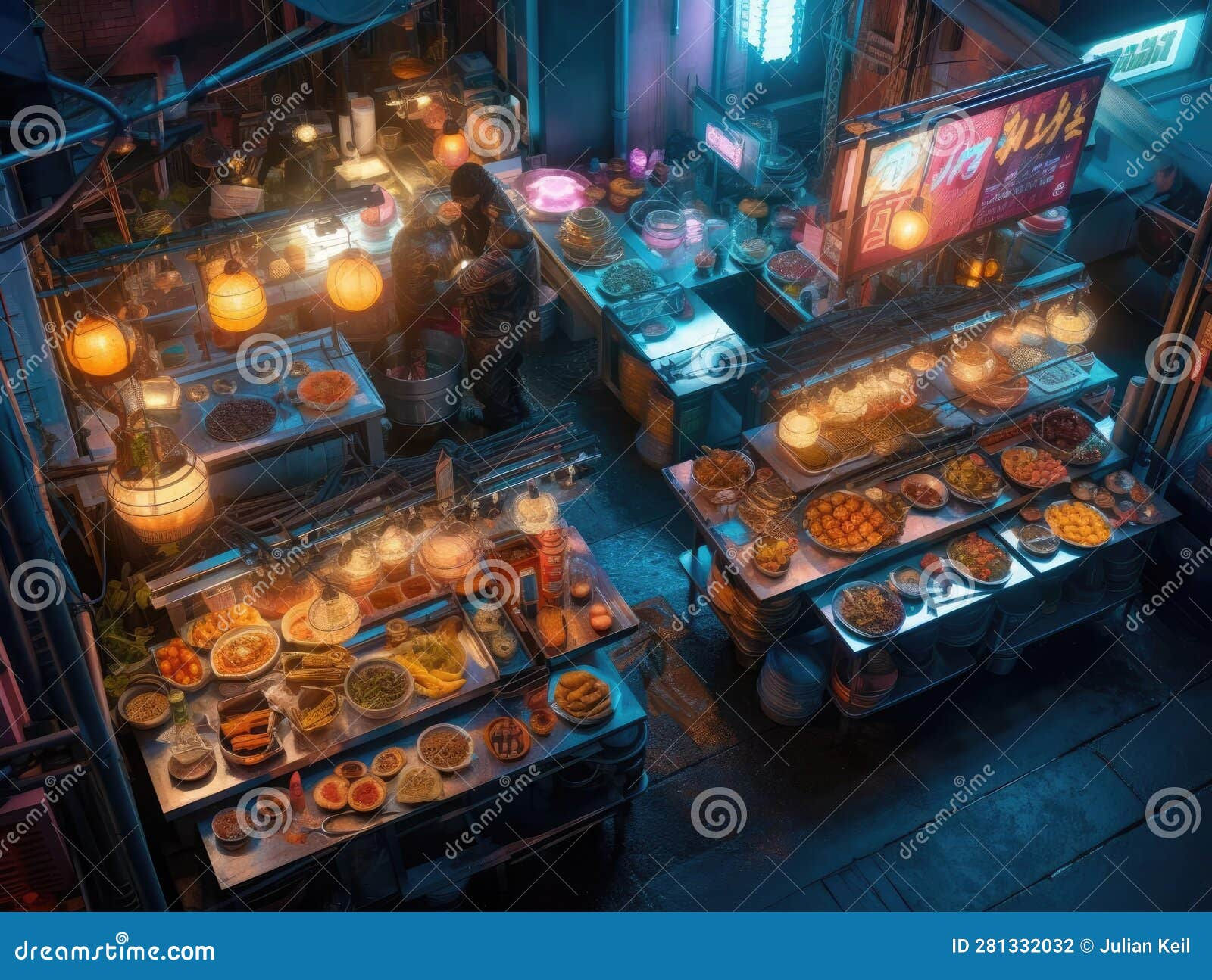 Wallpaper #4f-fZ5MB3lSXT3zUzOKR38 Cyberpunk Food Vendor with Futuristic Dishes Stock Illustration