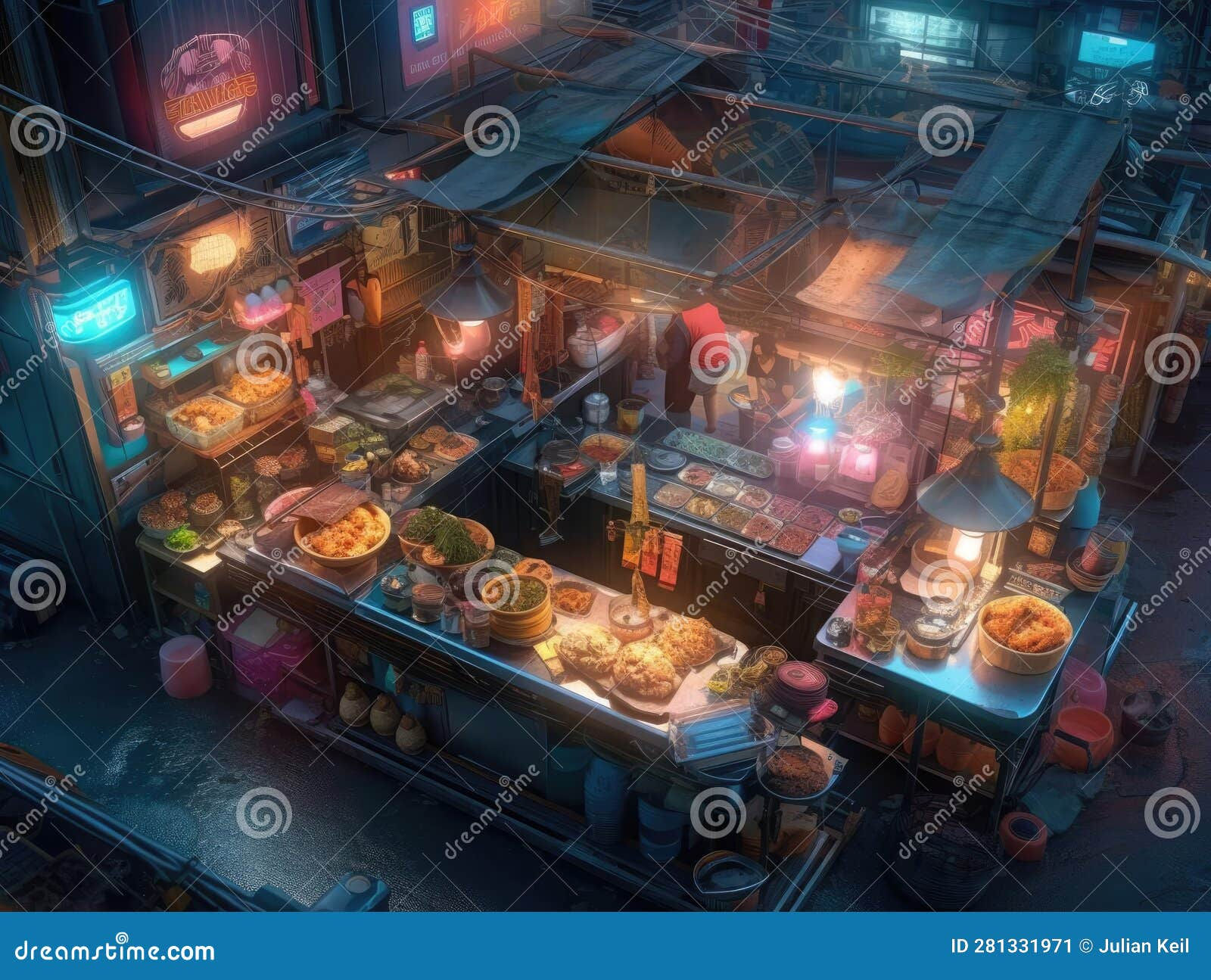 Wallpaper #4f-fZ5MB3lSXT3zUzOKR39 Cyberpunk Food Vendor with Futuristic Dishes Stock Illustration