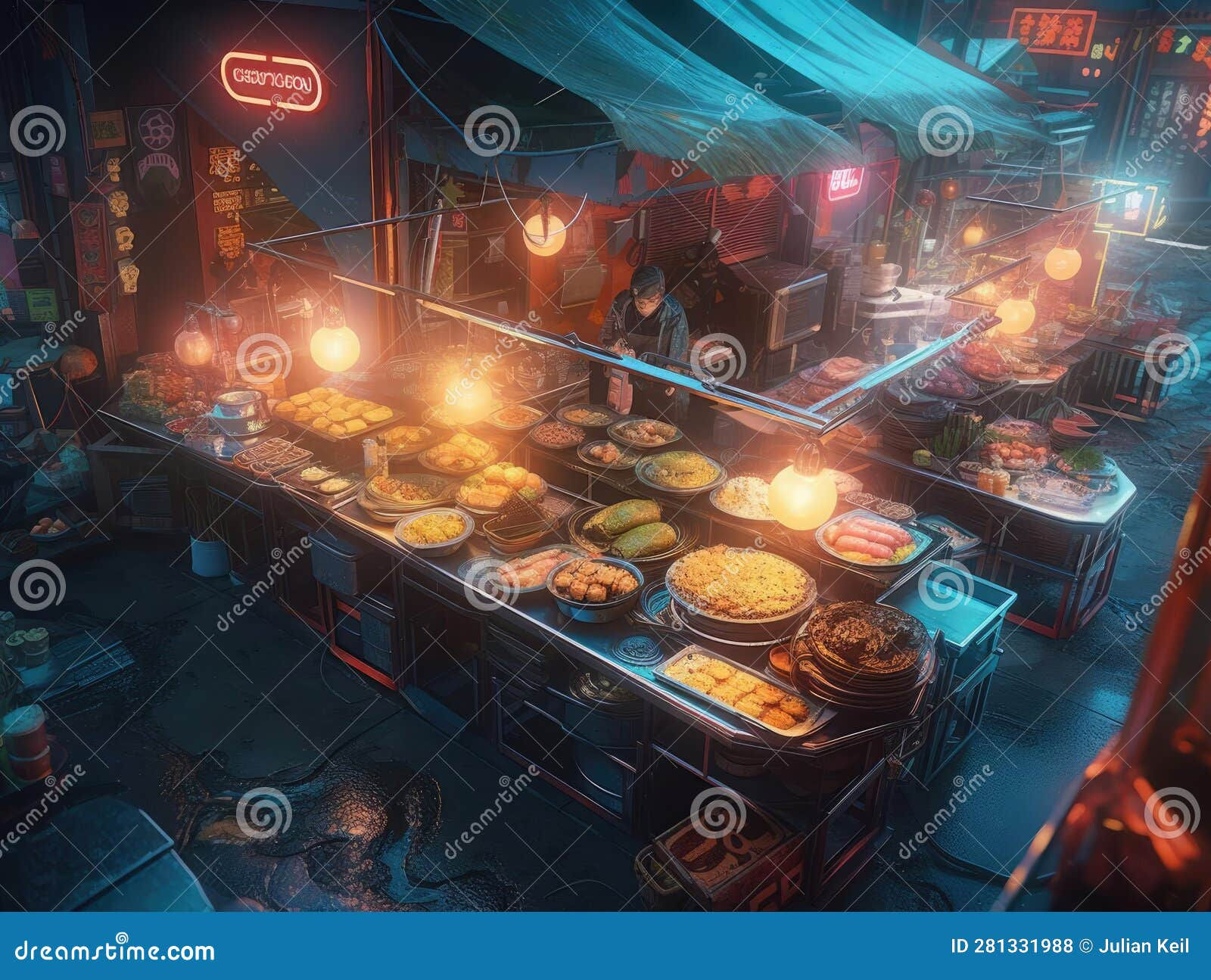 Wallpaper #tBX-t44BmMigT4UnzlQN20 Cyberpunk Food Vendor with Futuristic Dishes Stock Illustration