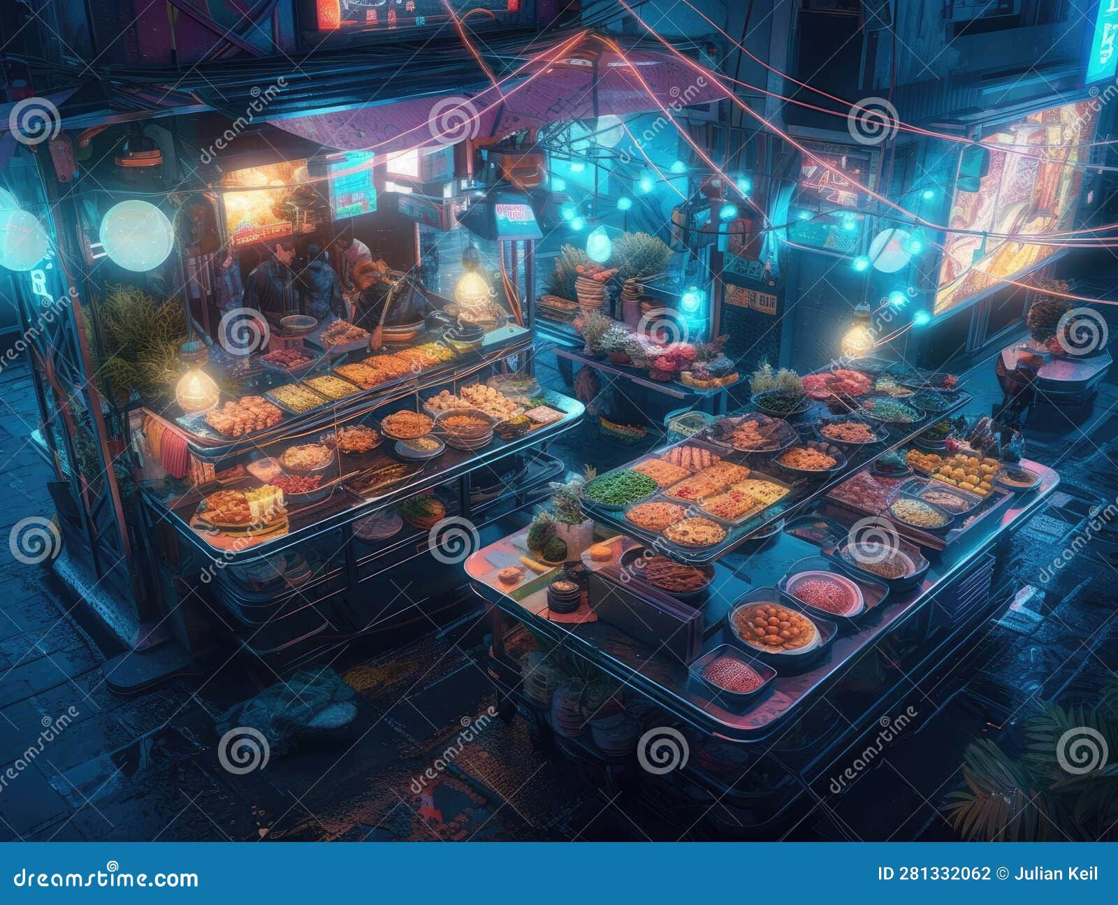 Wallpaper #tBX-t44BmMigT4UnzlQN12 Cyberpunk Food Vendor with Futuristic Dishes Stock Illustration