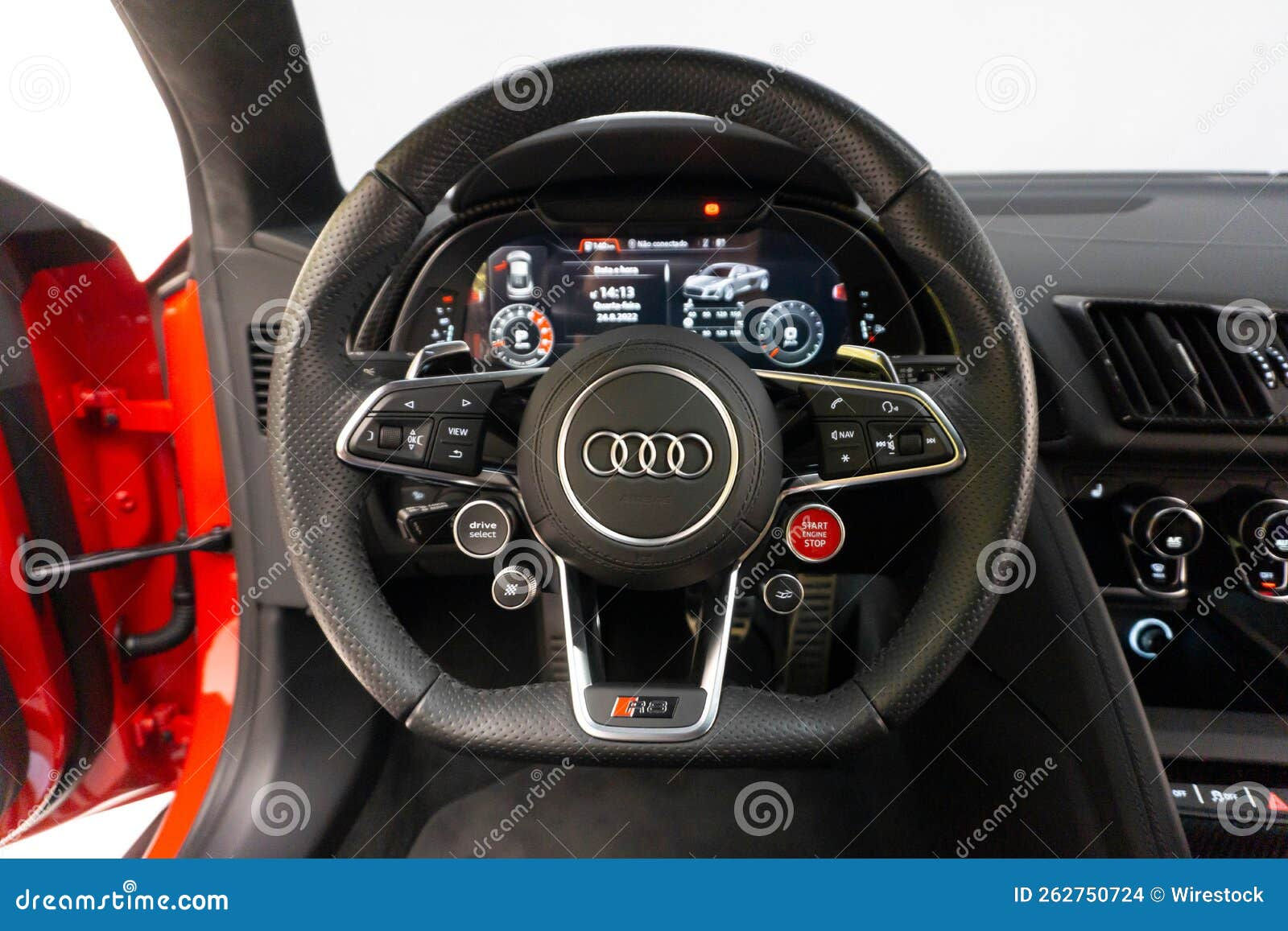 Wallpaper #1vKTLpMBD57sowDKSMNW184 Closeup of Steering Wheel of a Red Audi R8 Sport Plus Editorial Stock
