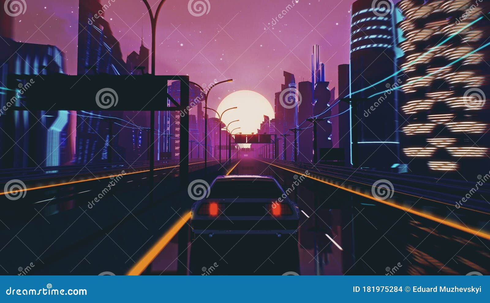 Wallpaper #Dm1laJcBycdYOYFTe3B171 Cyberpunk Sunset Landscape with a Car on a Highway Road in Futuristic