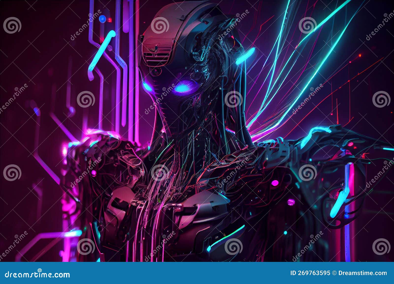 Wallpaper #OIJoQJMB0GiFKesM7cHZ35 Cyber Robot Purple Blue Neon Lighting Illustration Generative AI Stock