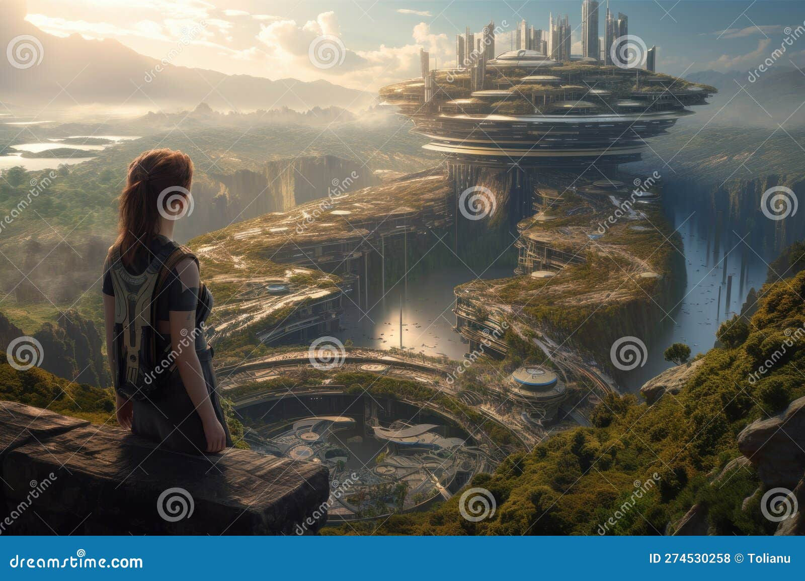 Wallpaper #XGfX_5IBSpphPi3-IaSA344 Sci Fi Spectacle Woman on Mountaintop Gazing at Futuristic Tech Campus