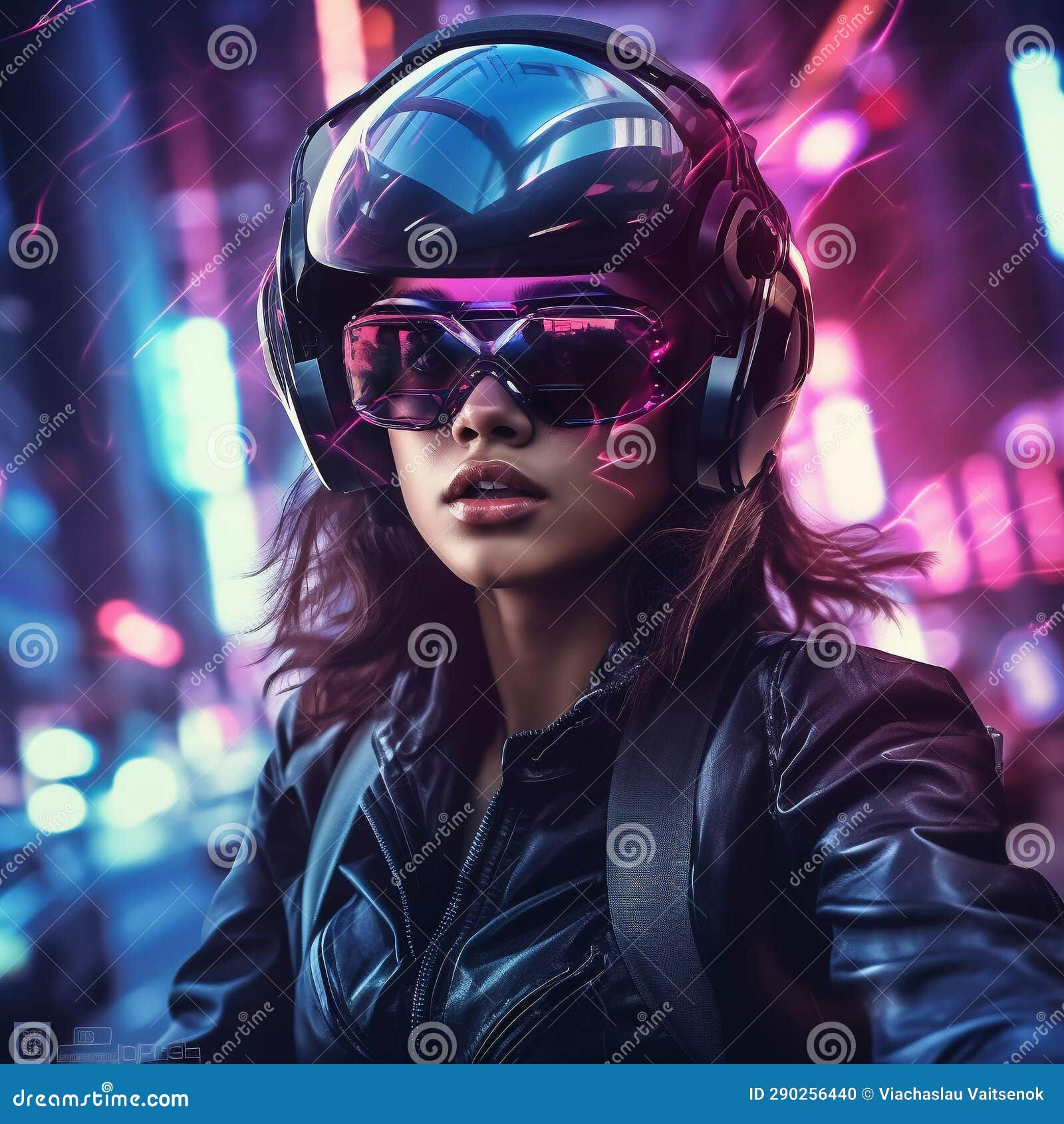 Wallpaper #rGf2-pIBSpphPi3-35I2340 Cyberpunk Girl on Motorbike Blurred Neon City Background Stock