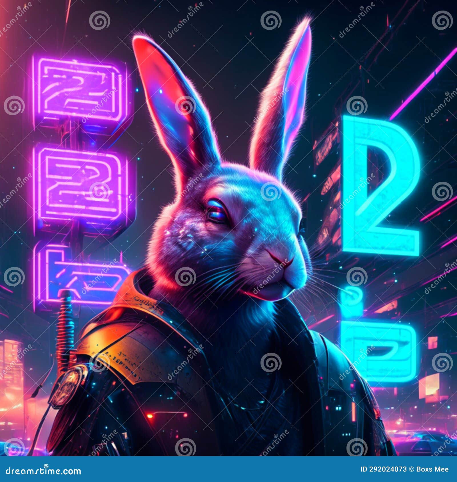 Wallpaper #qa3MMZMBKf019FdaUxGB30 Cyberpunk Rabbit in Front of Neon Signs 3D Rendering AI Generated