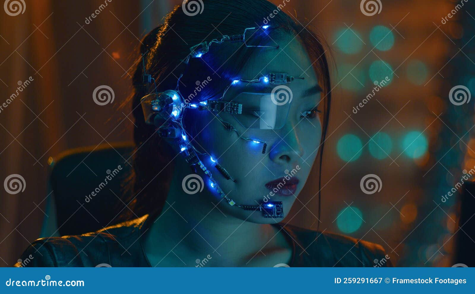 Wallpaper #JZ8EWJMBcUVgGJNoWbCR192 Cyberpunk Girl with One Eyed Glasses and Microphone Uses Computer in
