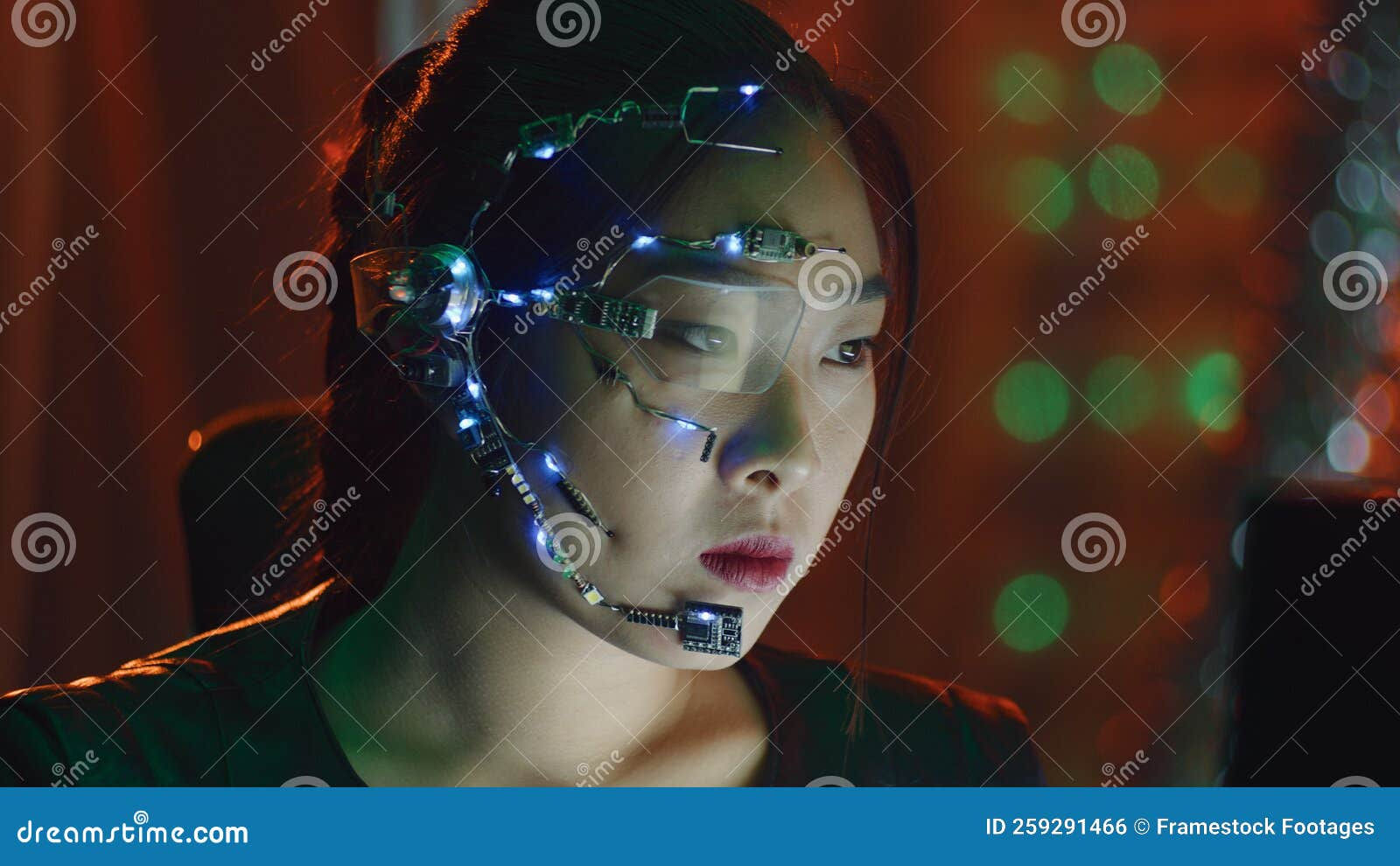 Wallpaper #JZ8EWJMBcUVgGJNoWbCR184 Cyberpunk Girl with One Eyed Glasses and Microphone Uses Computer in