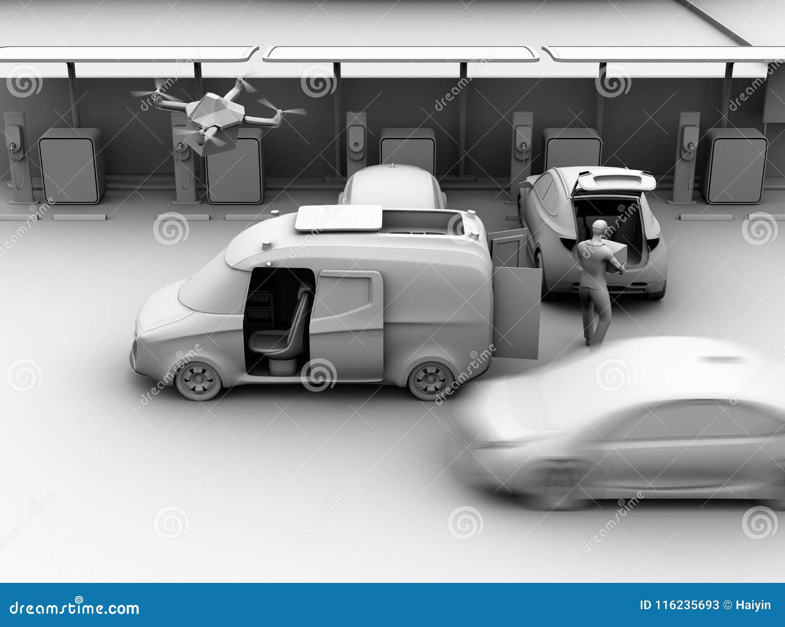 Wallpaper #___Pa5MB3lSXT3zUD-gs414 Clay Rendering of Delivery Staff Carrying Package to Blue Car Trunk in