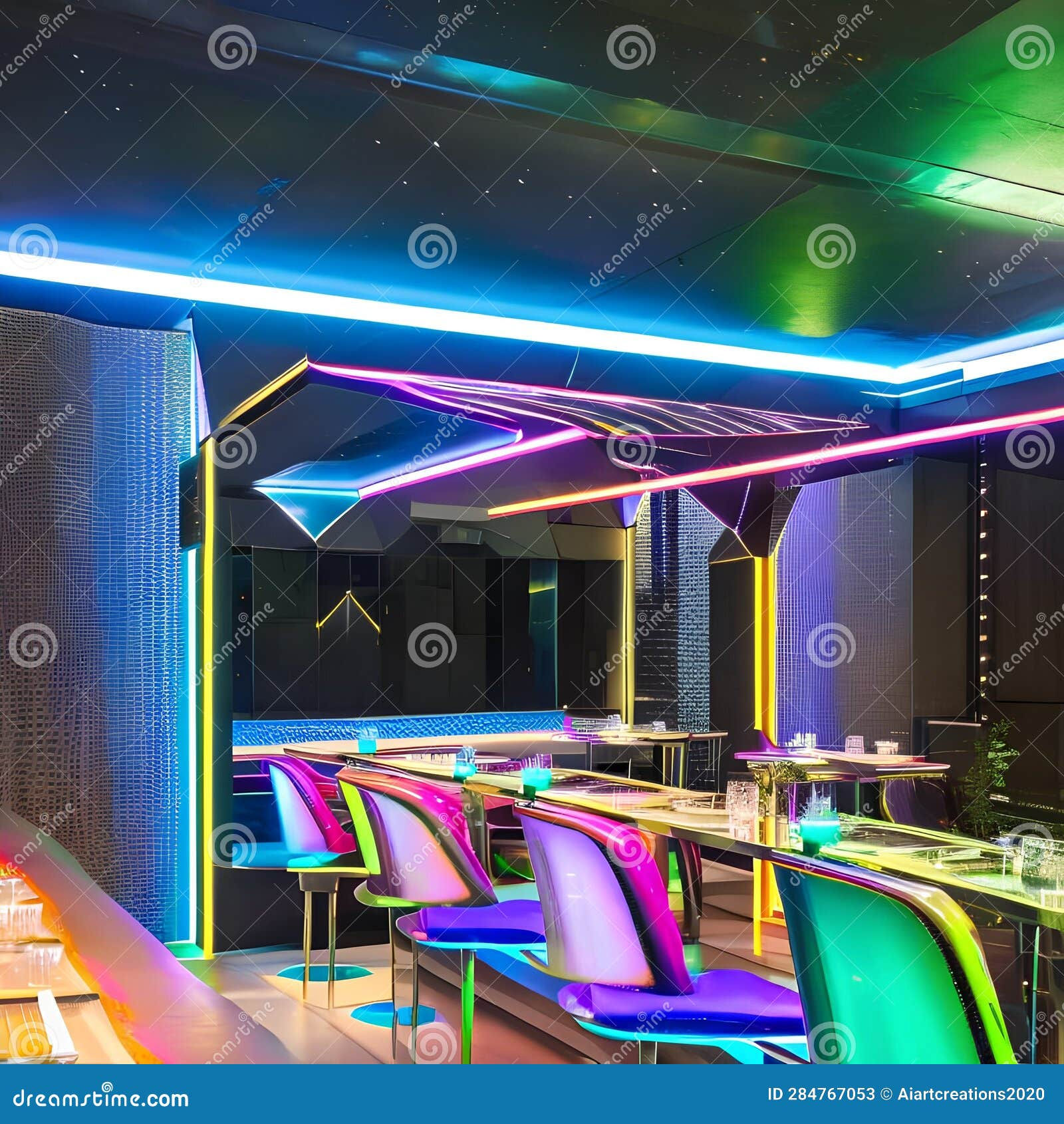 Wallpaper #zNWhNpMBY0Iw2JDG8pGR51 A Cyberpunk Inspired Dining Area with Neon Lit Tables Holographic