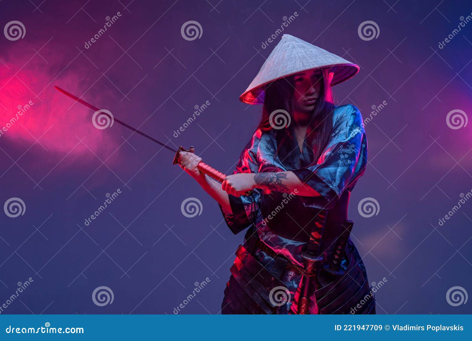 Wallpaper #B7i02pIBJvJKYCmE3fO_77 Combative Woman Samurai in Cyberpunk Style with Katana Stock Image