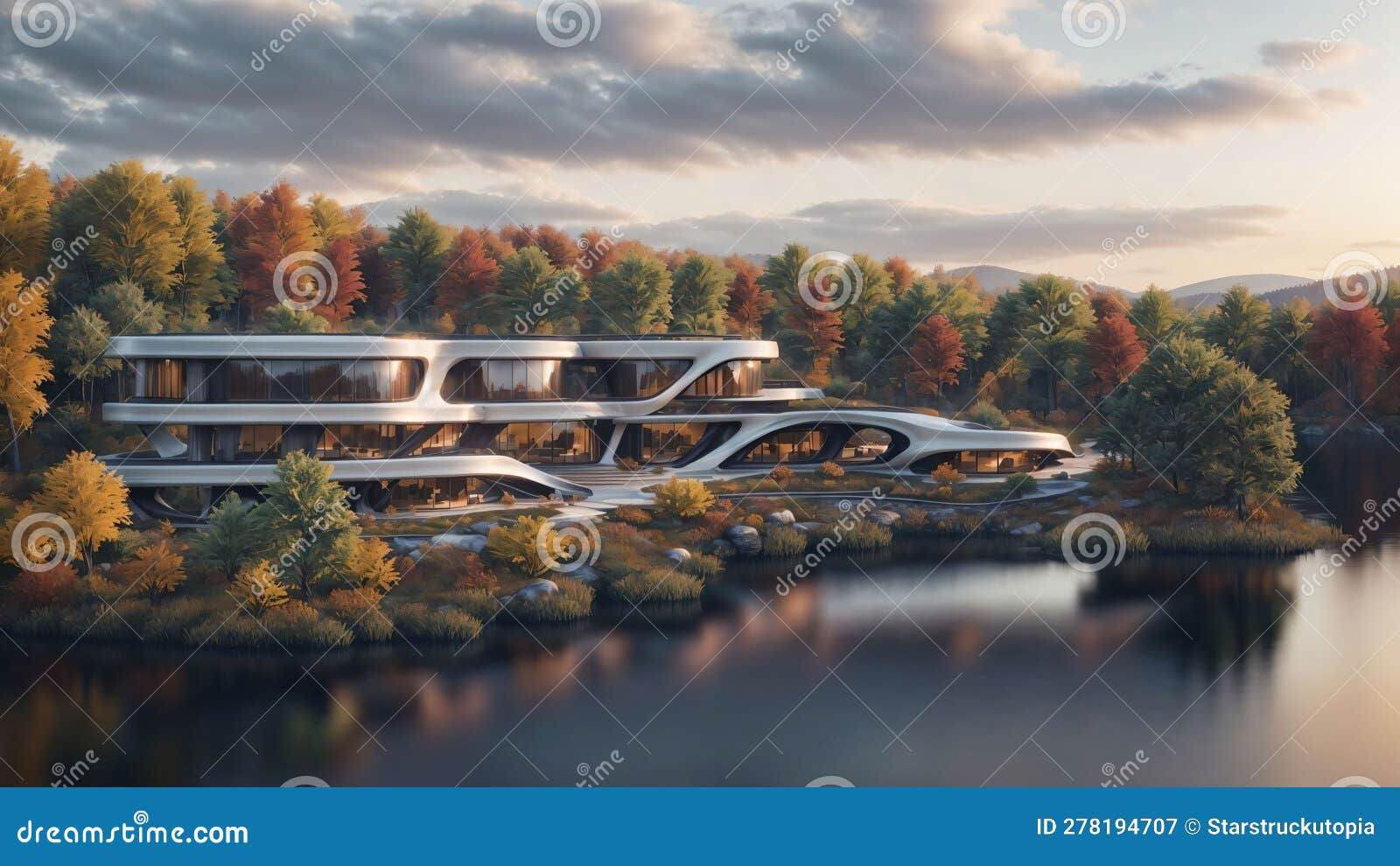 Wallpaper #dkWNj44B7YBJg1BVkp3G38 Cyberpunk House in the Forest by the Lake at Sunset Generative AI