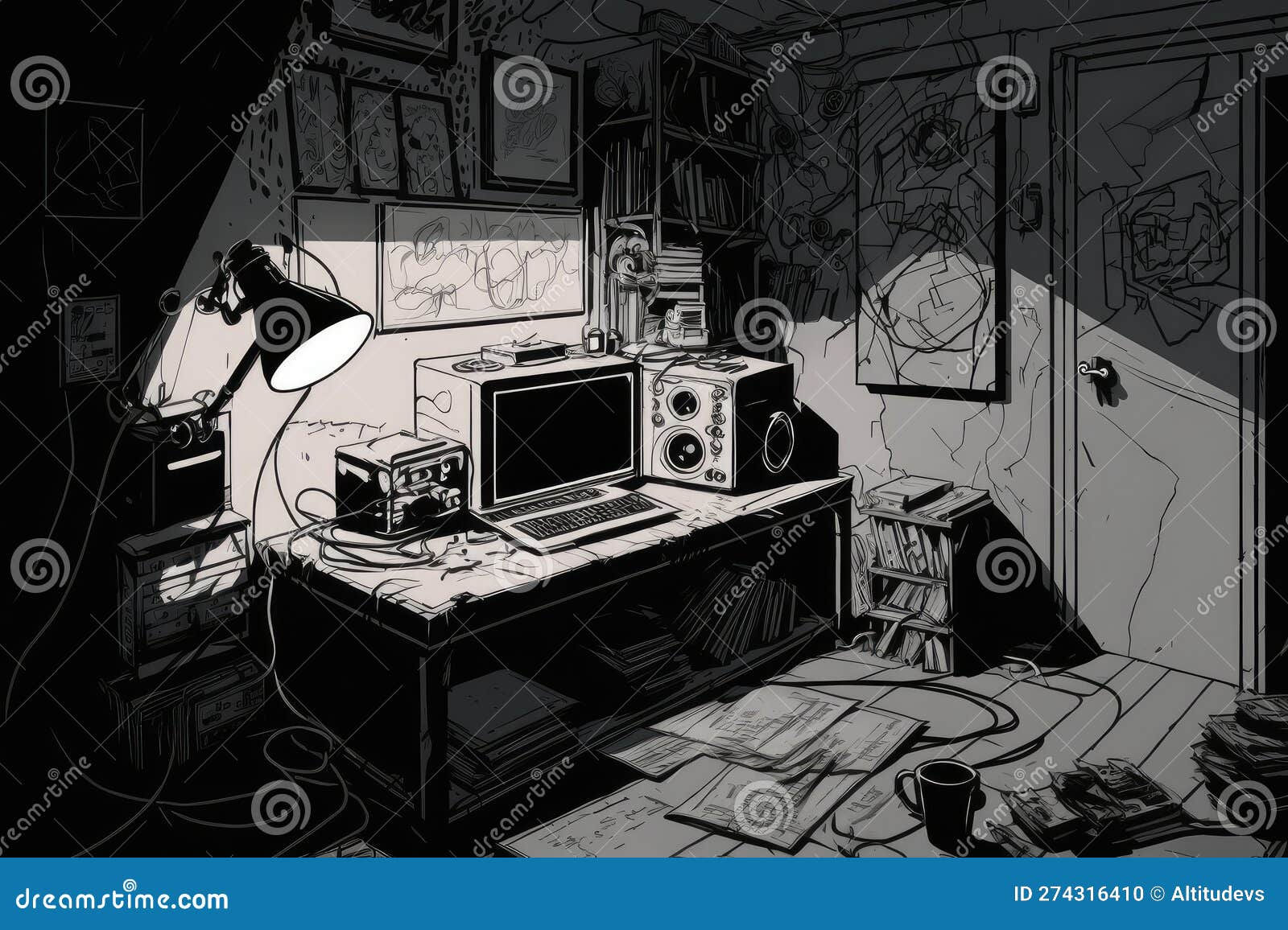 Wallpaper #o4sodJcBcm9NJah-bXV_85 Basement Sketch with Hacker Setup and Various Computer Parts Stock