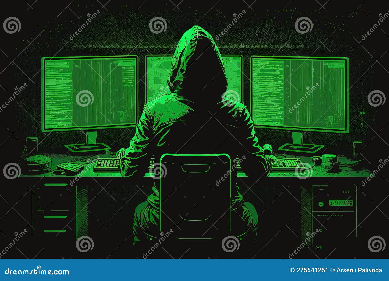 Wallpaper #o4sodJcBcm9NJah-bXV_66 Back View of Hacker in Hood Sitting at Table with Triple PC Monitor