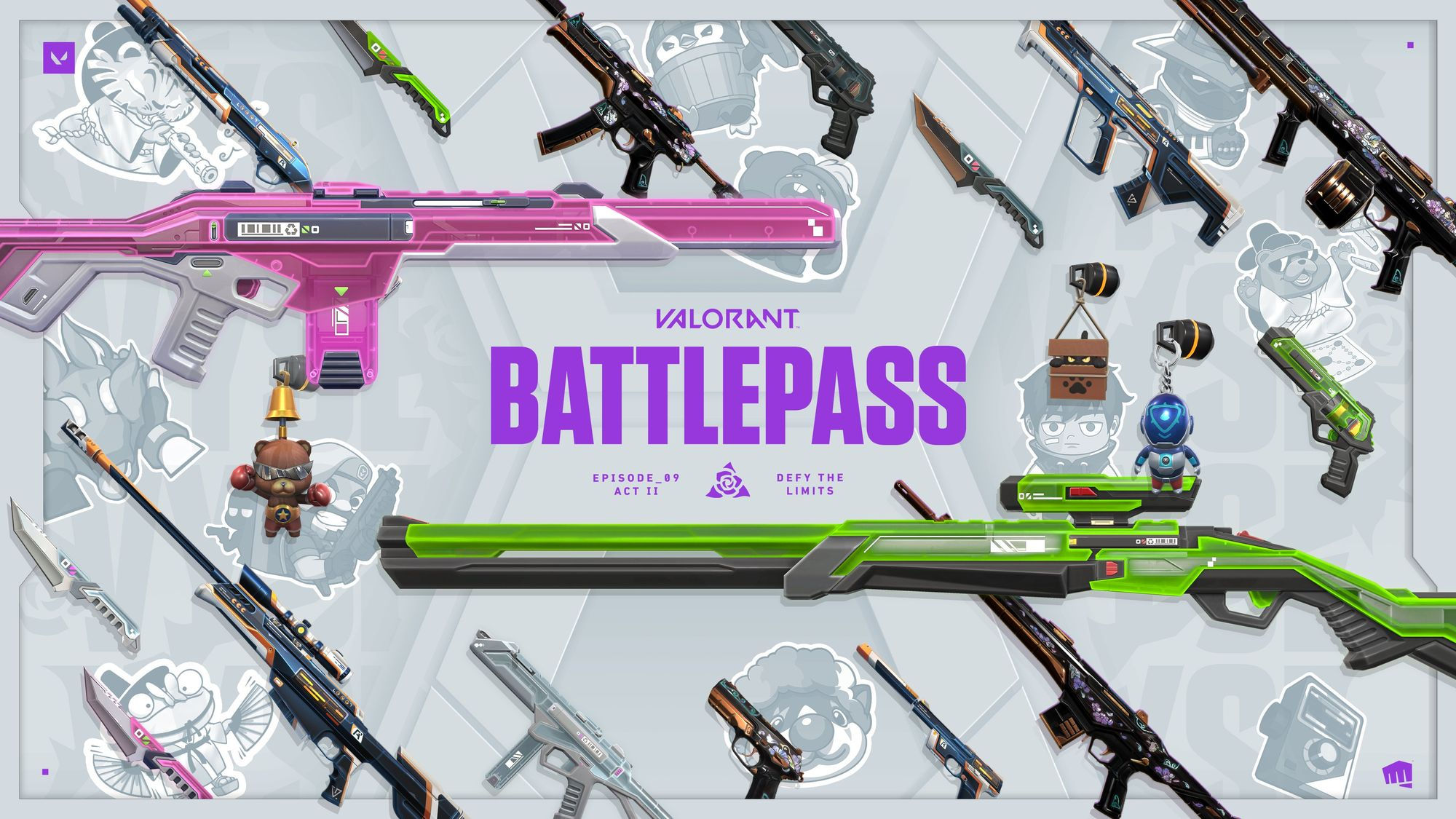 Wallpaper #n50JZZcBkAG5jTCHi7EF93 Valorant Episode 9 Act 2 Battlepass Skins Cards Gun Buddies and