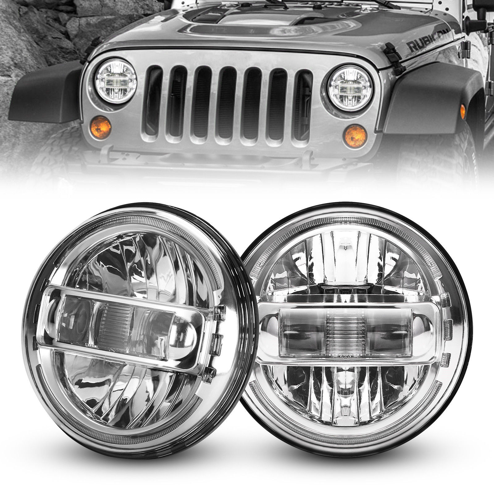 Wallpaper #3kDmL5MBJhL2WPbalr5E25 Chorme 7 Round Halo H4 LED Headlights for Jeep Wrangler Jk Tj Cj Jl