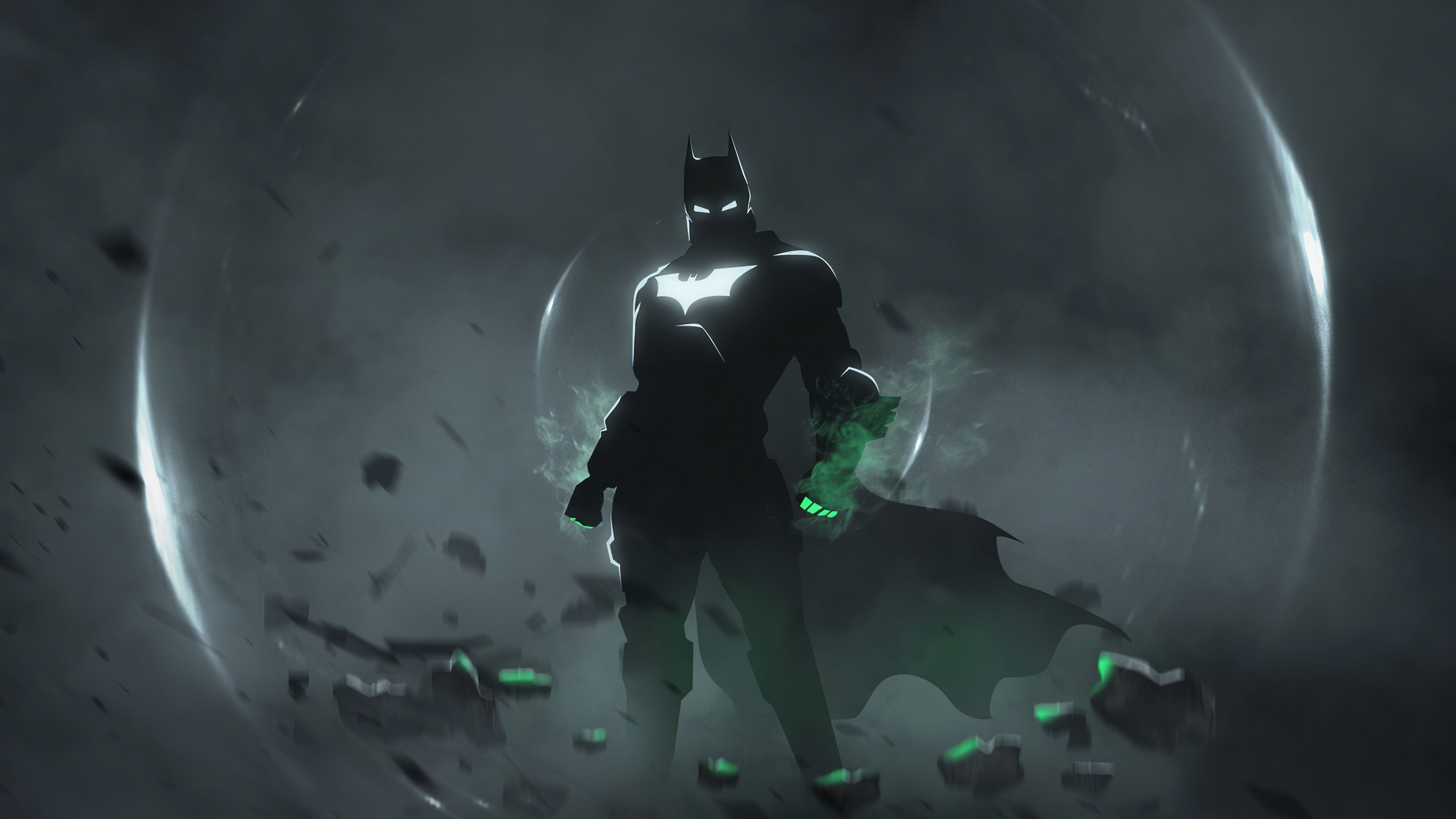 Wallpaper #OkVCjI4B7YBJg1BVj5wi35 Batman Standing in a Dark, Smoky Room with a Green Glow Around Him