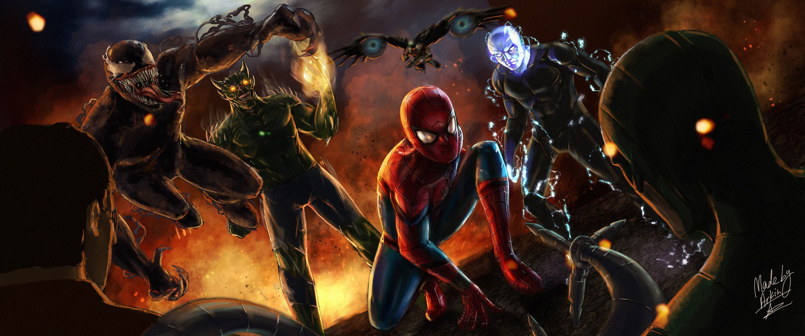 Wallpaper #ceb46 1920x1080 Spiderman vs Sinister Six Art Laptop Full HD 1080p HD 4K